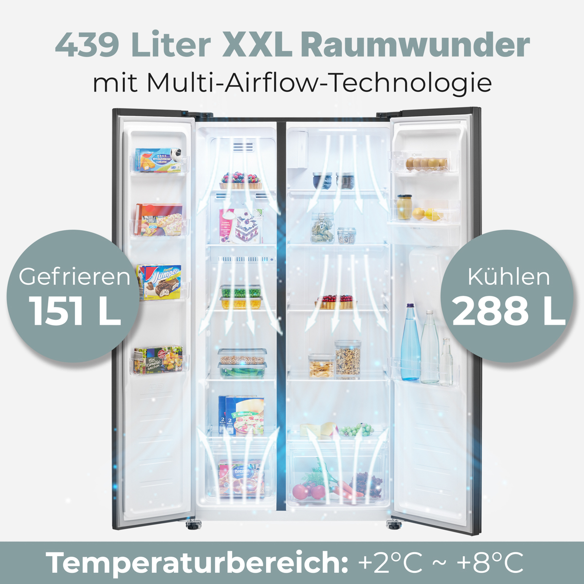 Ein offener Kühlschrank mit Gefrier- und Kühlteil. Luftströme sind sichtbar.