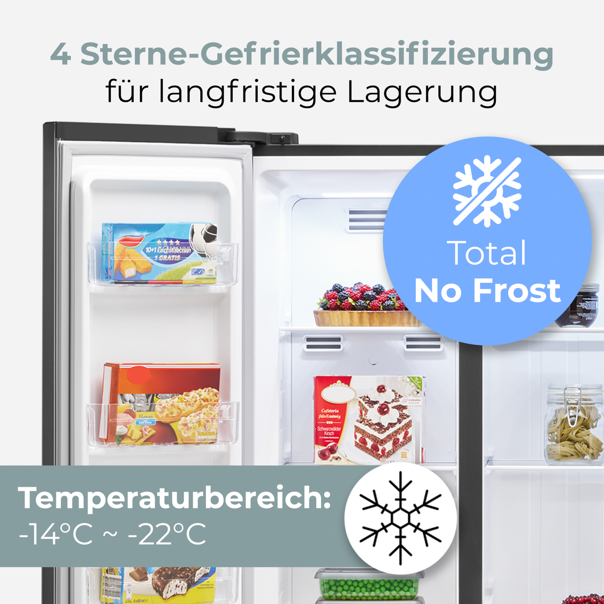 Gefrierschrank mit "Total No Frost" und Temperaturbereich -14 bis -22 Grad.