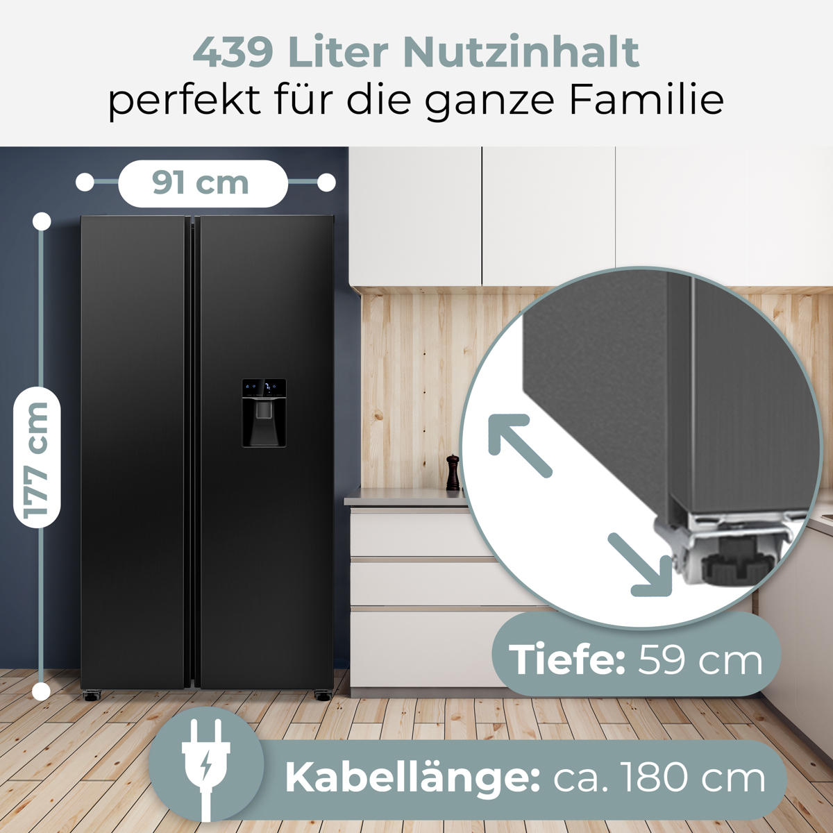 Schwarzer Kühlschrank: 177cm hoch, 91cm breit, 59cm tief. 439L Inhalt.
