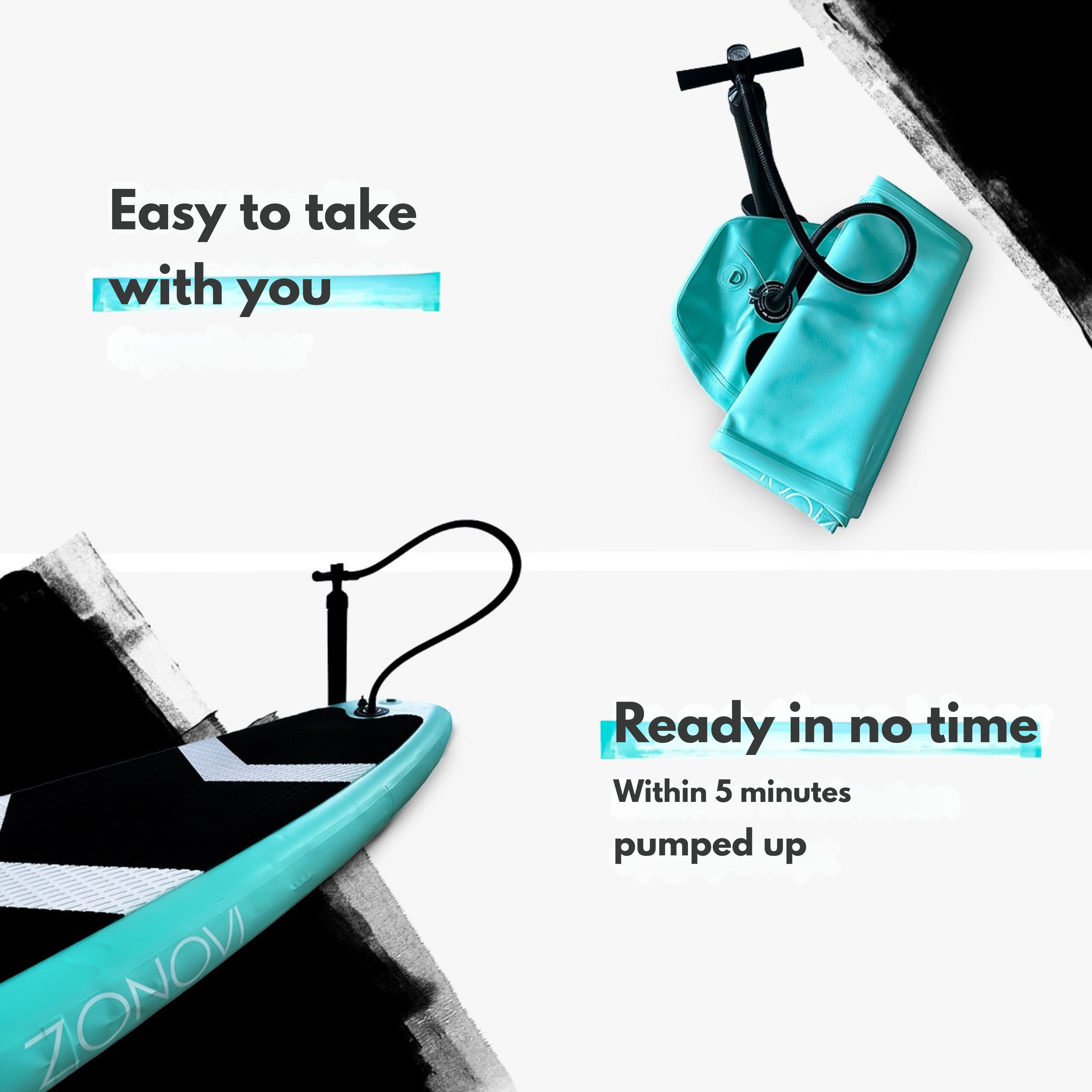 Turquoise paddleboard met pomp. Makkelijk mee te nemen en snel klaar voor gebruik.