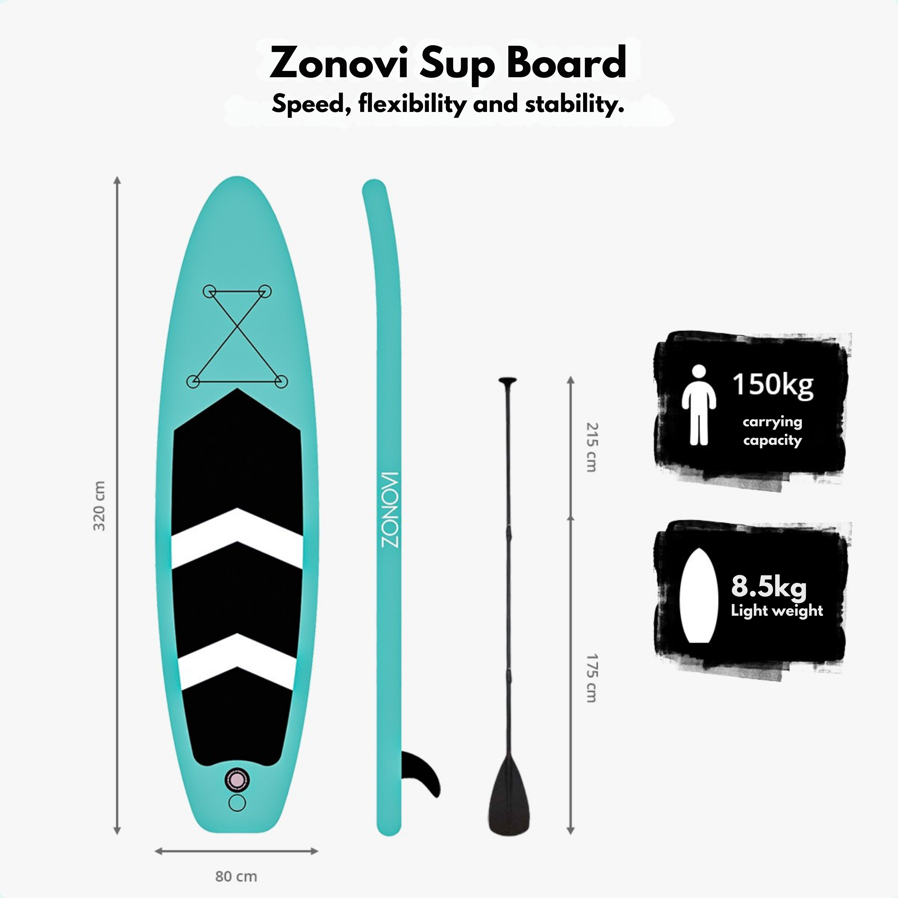 Turquoise sup board met peddel, 320cm lang, 80cm breed. Draagt 150kg.