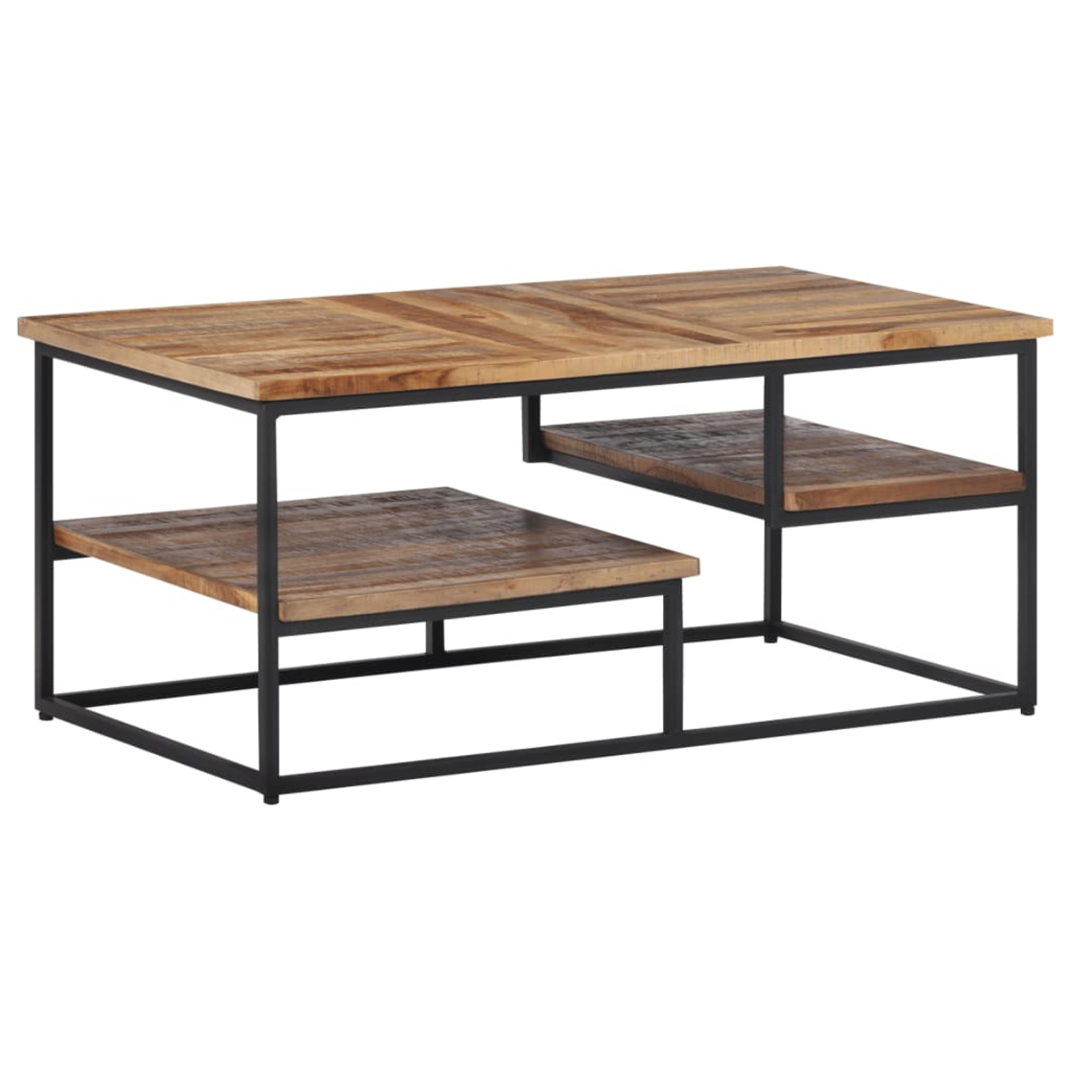 Holz-Couchtisch mit zwei Ebenen und schwarzem Metallrahmen.