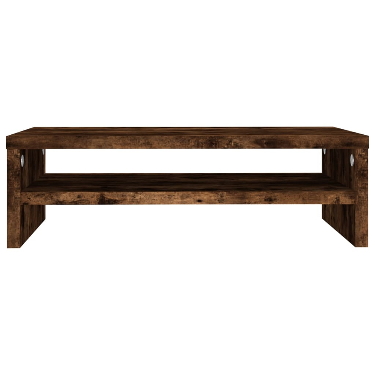 Dunkelbraunes Holzregal mit zwei Ebenen, auf weißem Hintergrund.