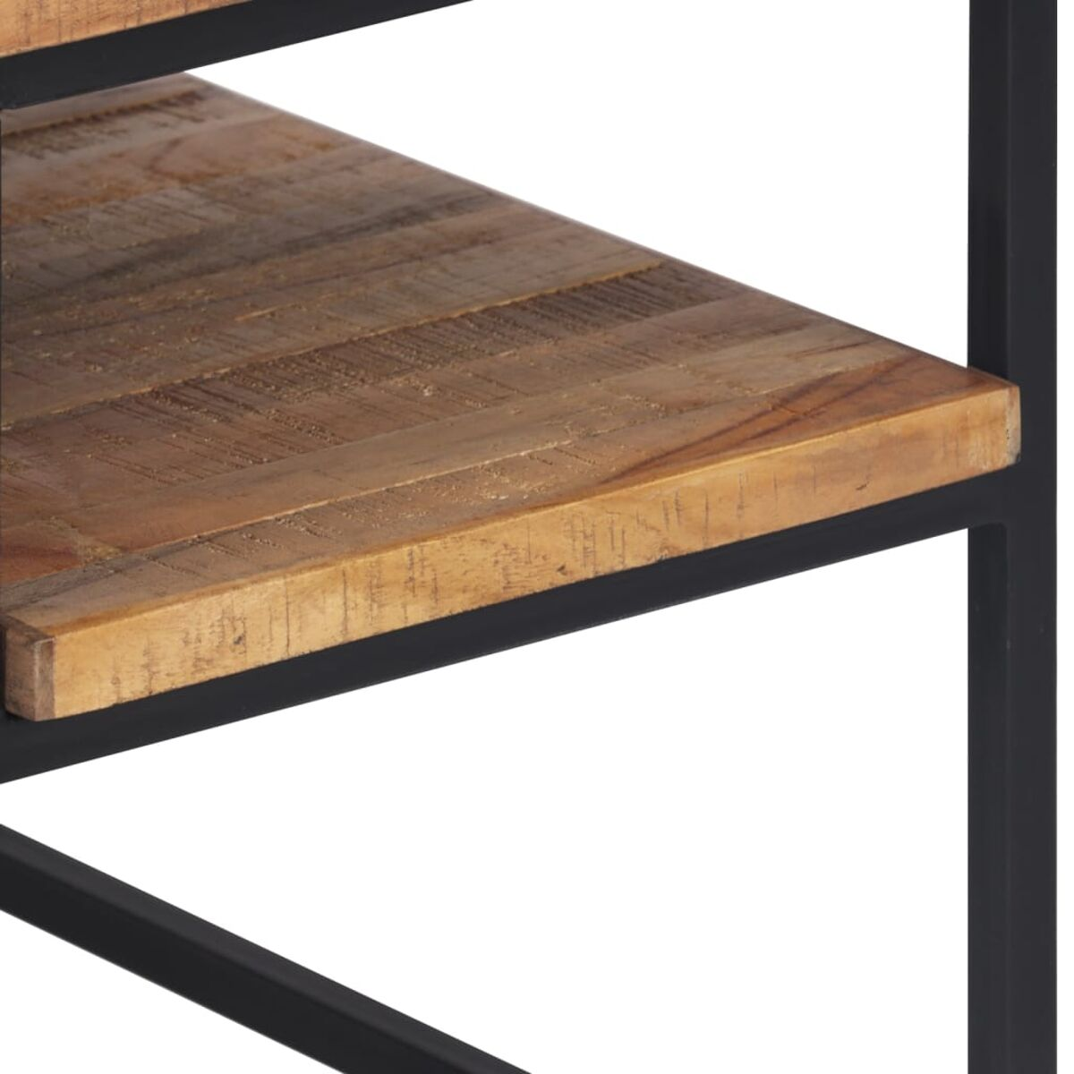 Ein Holzboden mit schwarzem Metallrahmen.