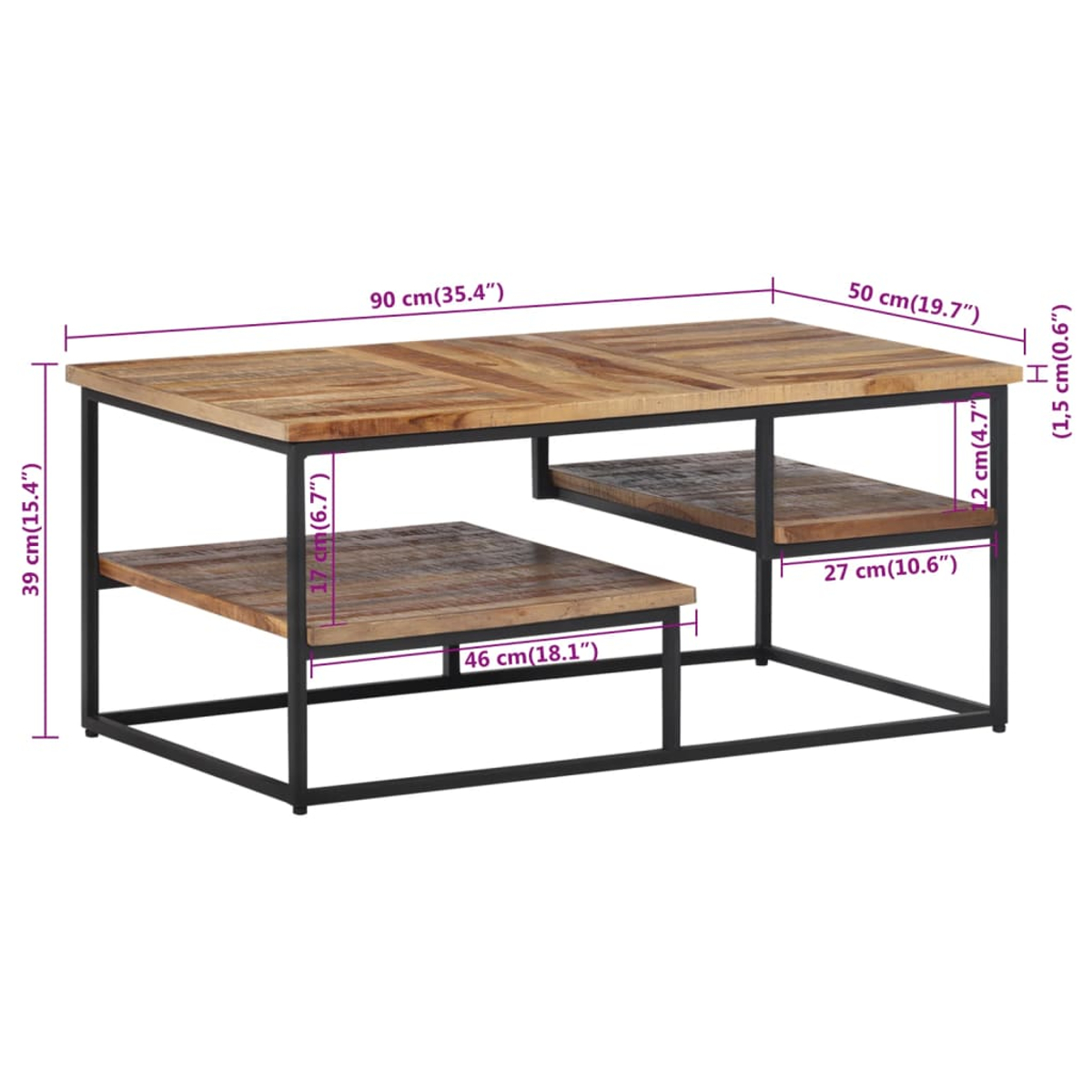 Holz Couchtisch mit zwei Ebenen und schwarzen Metallbeinen. Maße sind angegeben.