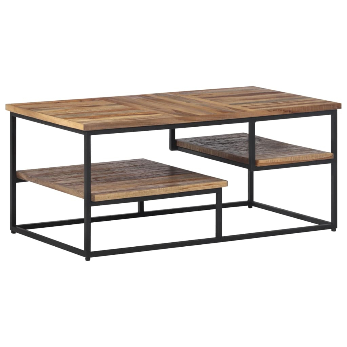 Ein rechteckiger Couchtisch aus Holz mit zwei Ebenen und schwarzem Metallrahmen.
