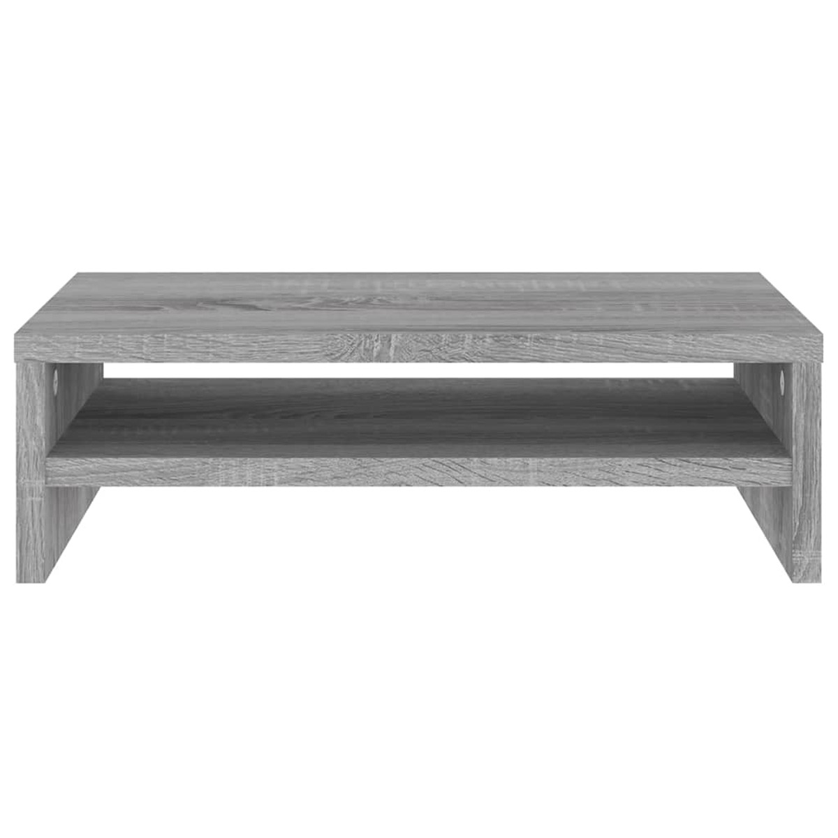 Estante de madera gris de dos niveles, sobre fondo blanco.