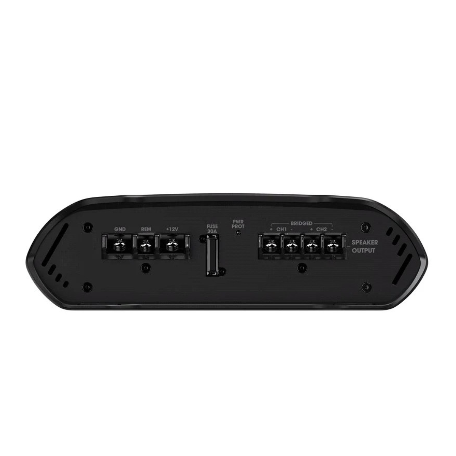 Amplificatore nero con connessioni per alimentazione, telecomando e uscite altoparlanti.