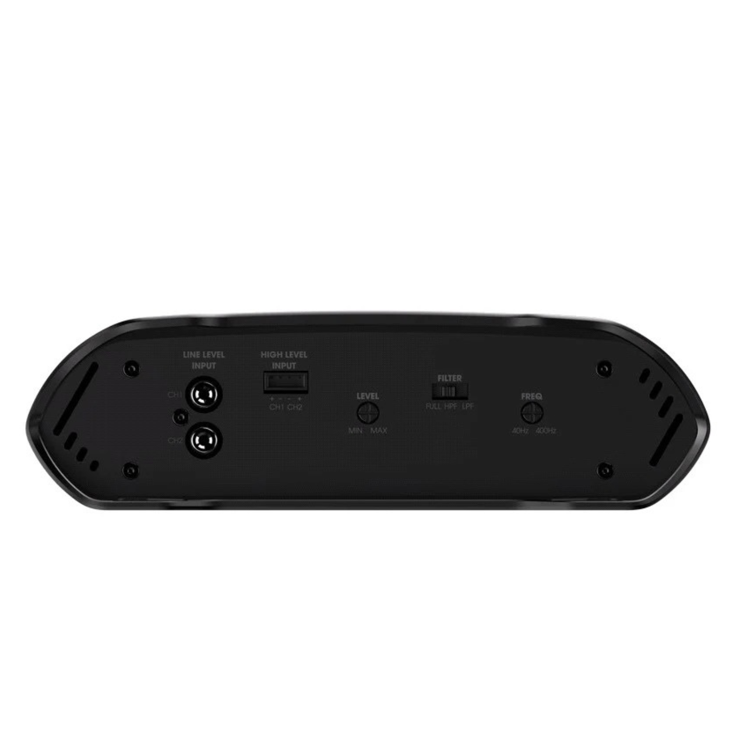 Amplificatore nero con connessioni Line/High Level Input, Filtro, Livello e Frequenza.