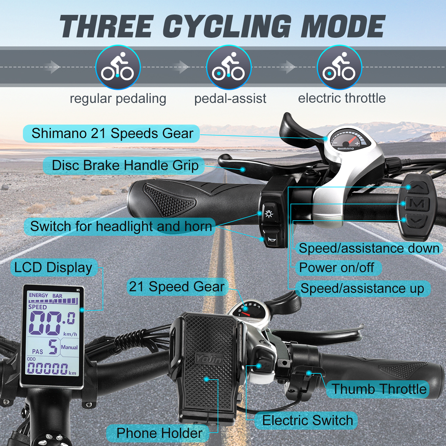 E-Bike Lenkerdetails: LCD, Gänge, Bremsen, Daumengas, Modi.