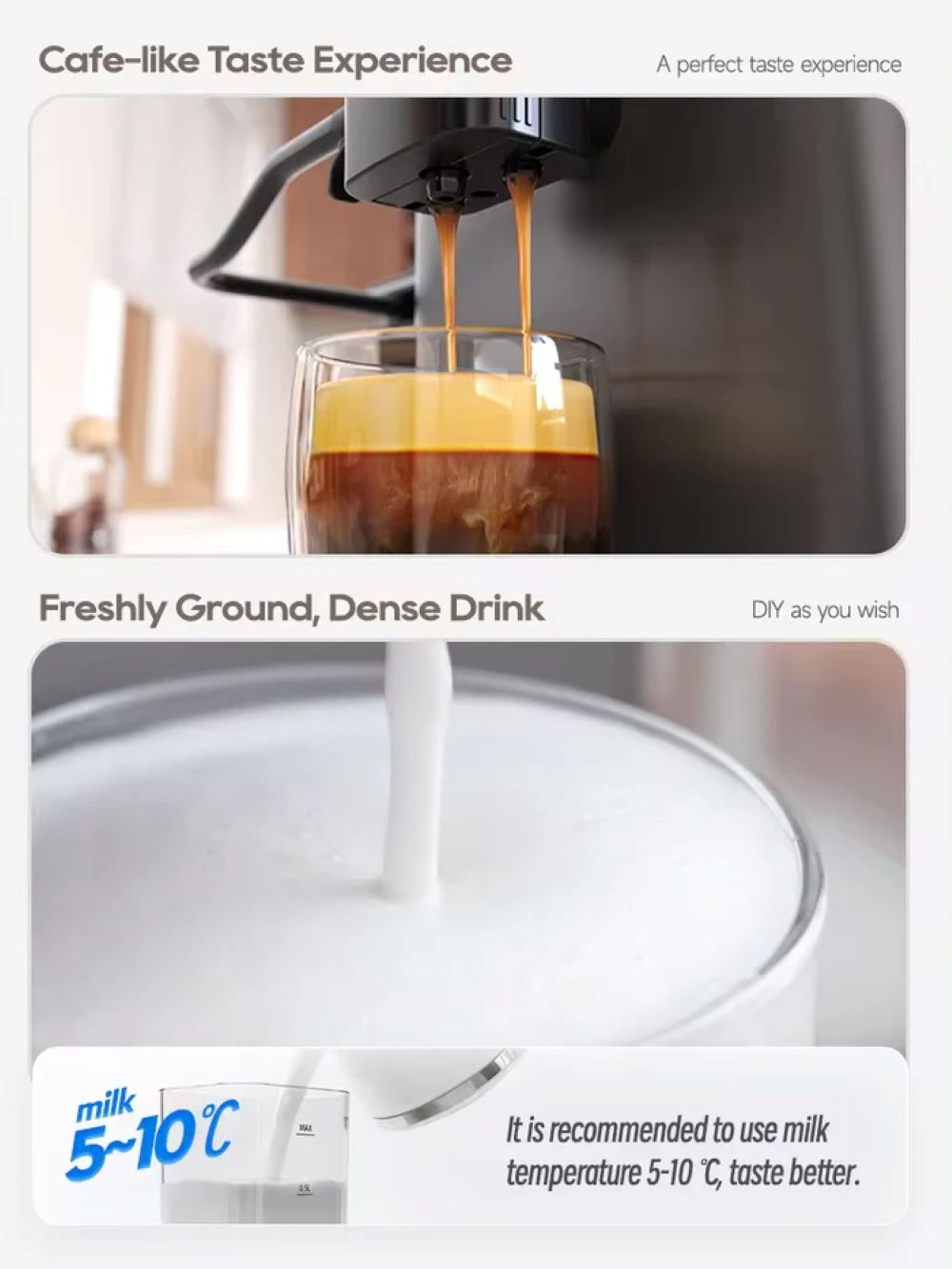 El espresso fluye hacia un vaso, se espumea leche al lado.