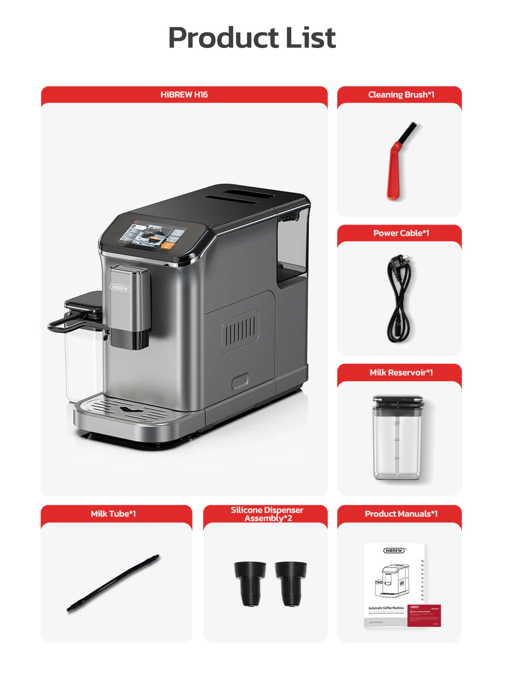 Una cafetera plateada con jarra de leche, cable, cepillo, tubo, piezas de silicona y manuales.