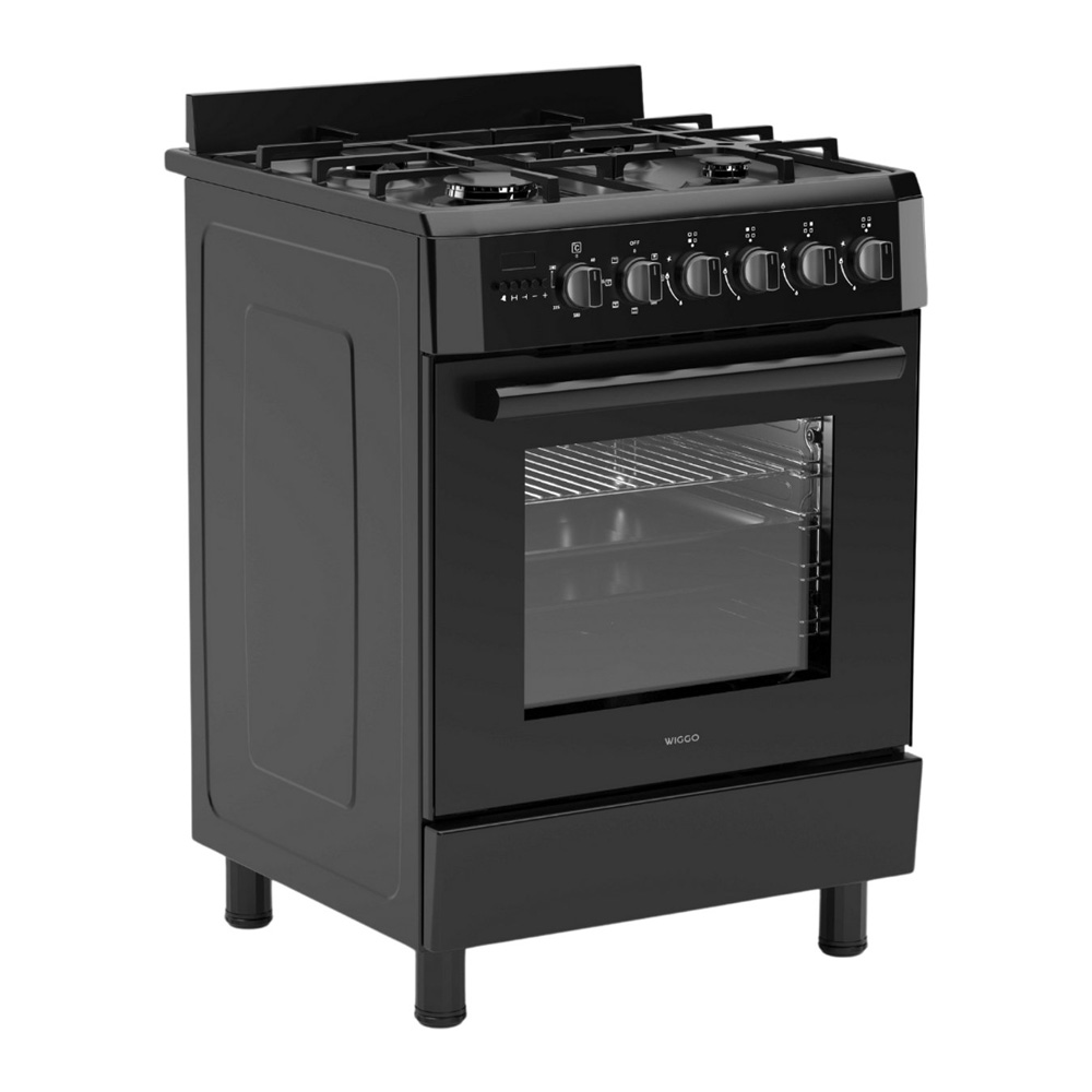 Cuisinière à gaz noire avec quatre brûleurs, porte de four en verre et boutons.