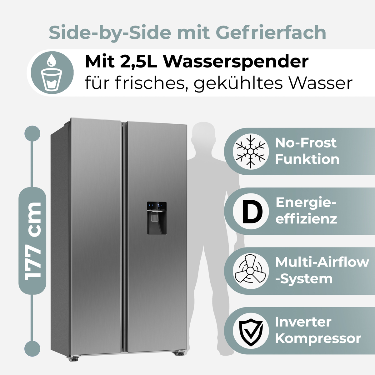 Silberner Side-by-Side Kühlschrank mit Wasserspender, 177cm hoch.