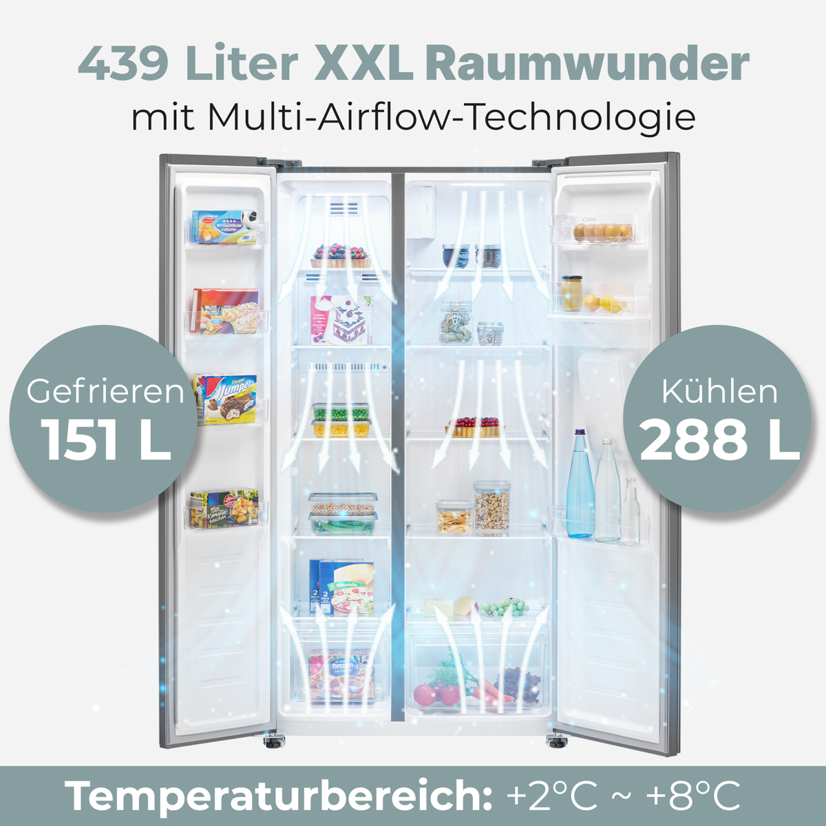 Kühlschrank mit 439 L Kapazität. Gefrierfach 151 L, Kühlfach 288 L.