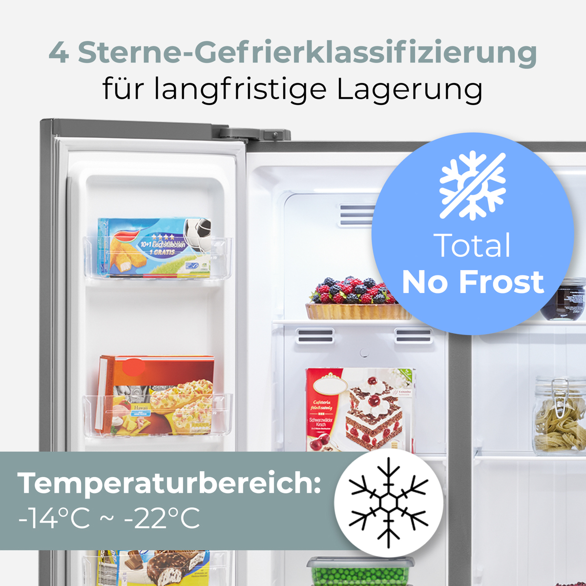 Gefrierschrank mit "Total No Frost"-Technologie und Tiefkühldauerlagerung.
