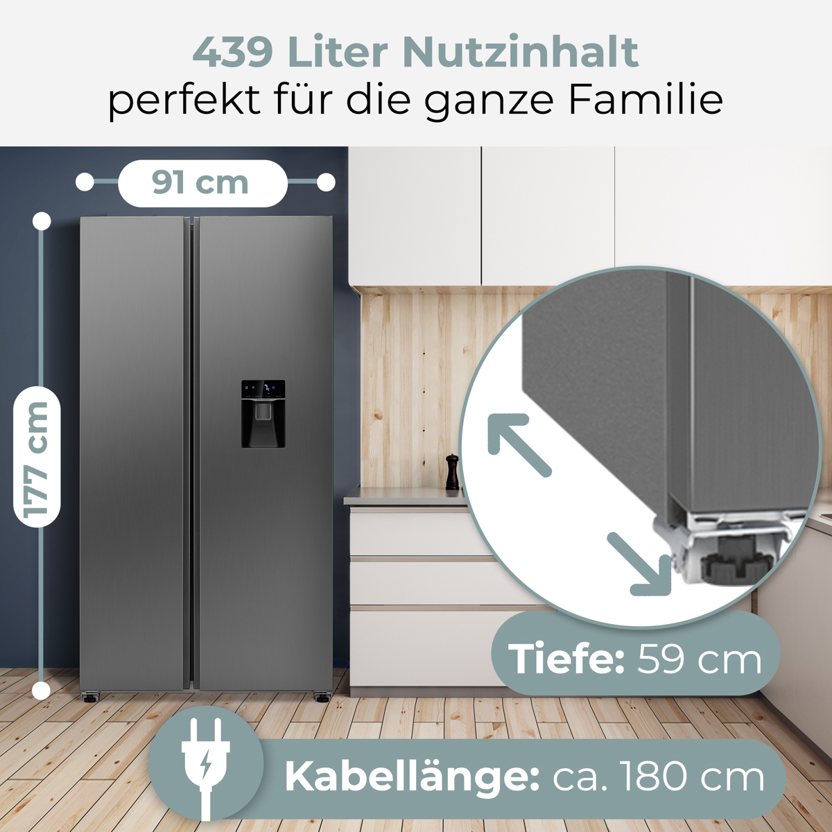 Ein großer silberner Kühlschrank mit Wasserspender ist 177 cm hoch und 91 cm breit.