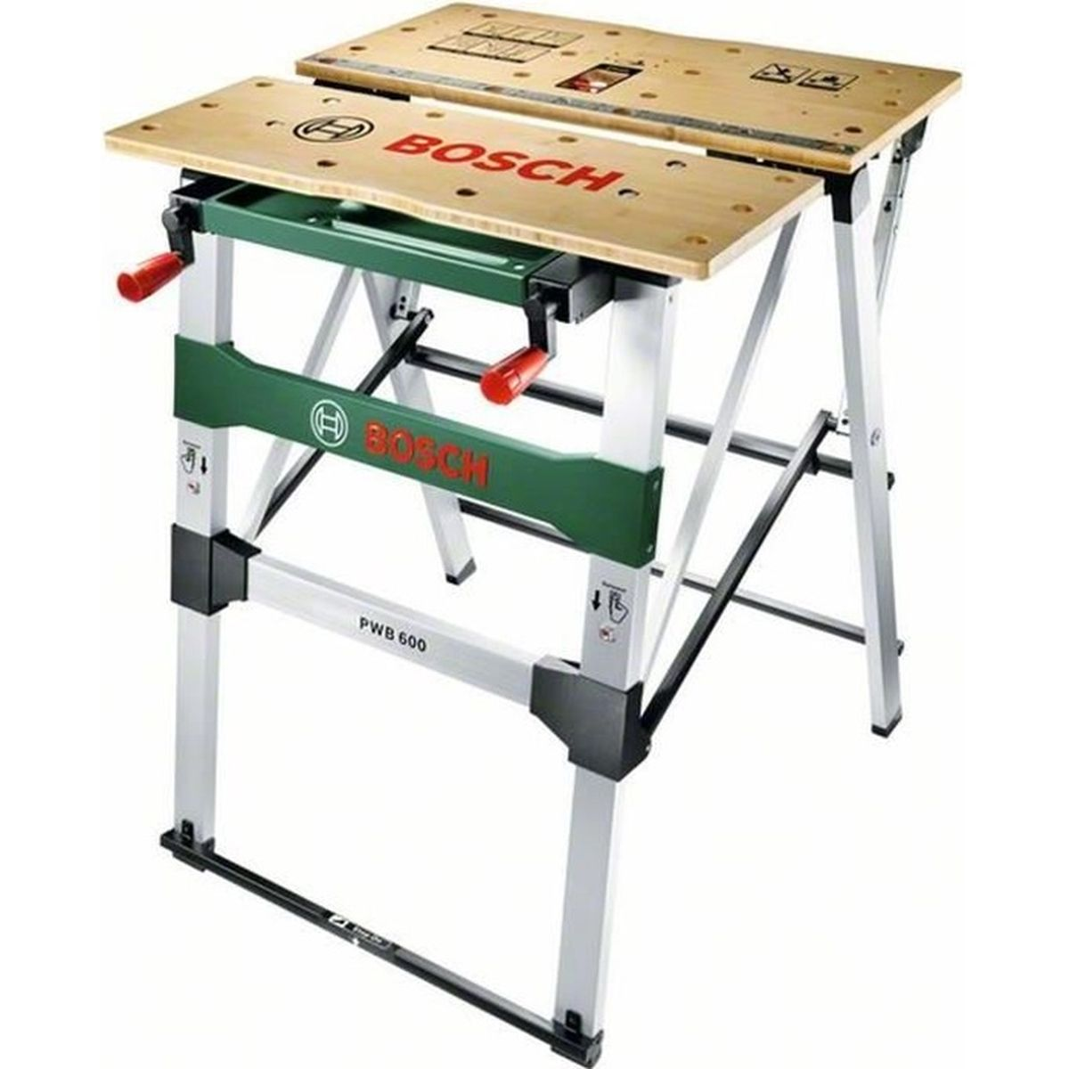 Eine Bosch Werkbank mit Holzplatten und grünen Akzenten.