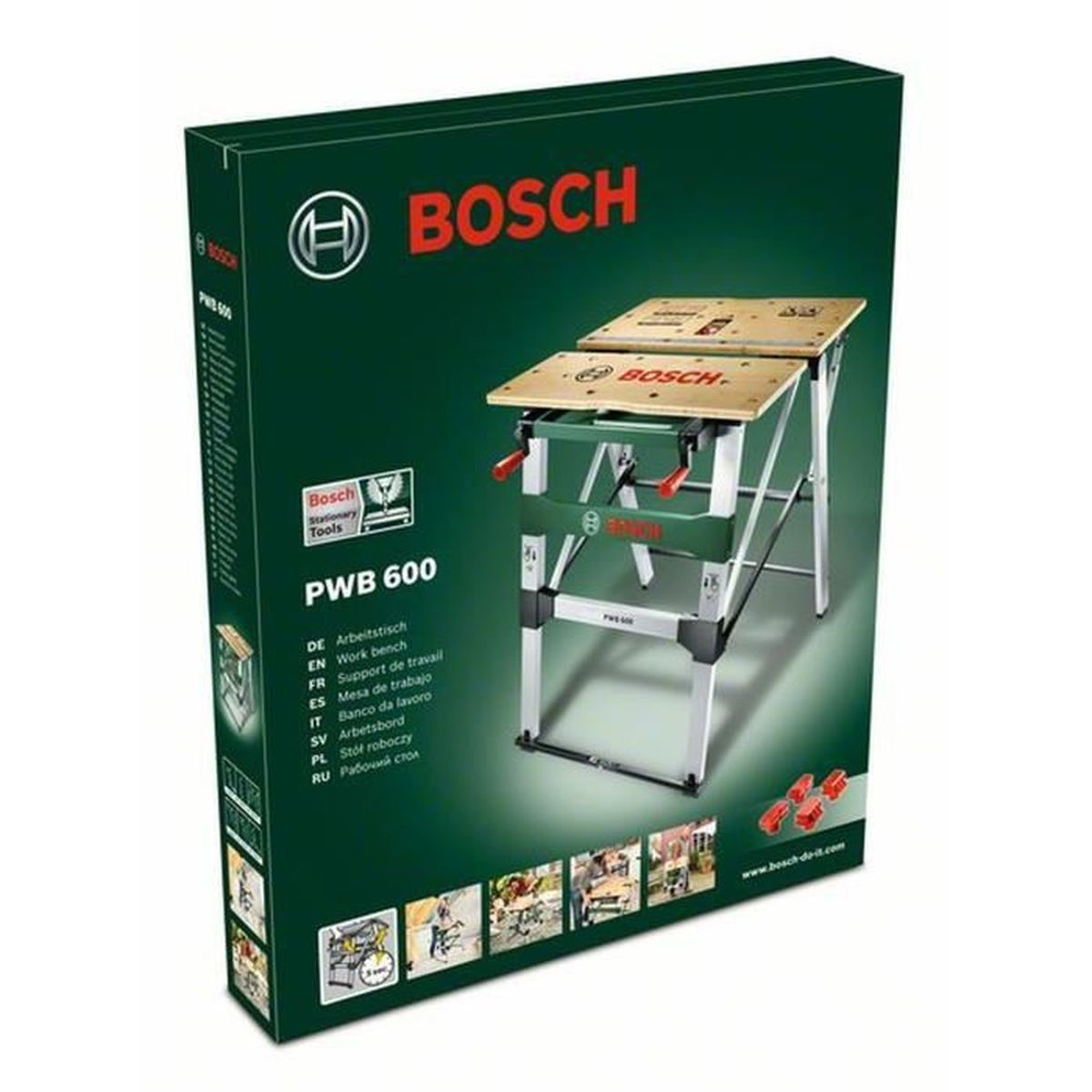 Bosch PWB 600 Werkbank auf dunkelgrüner Verpackung mit Produktbildern.
