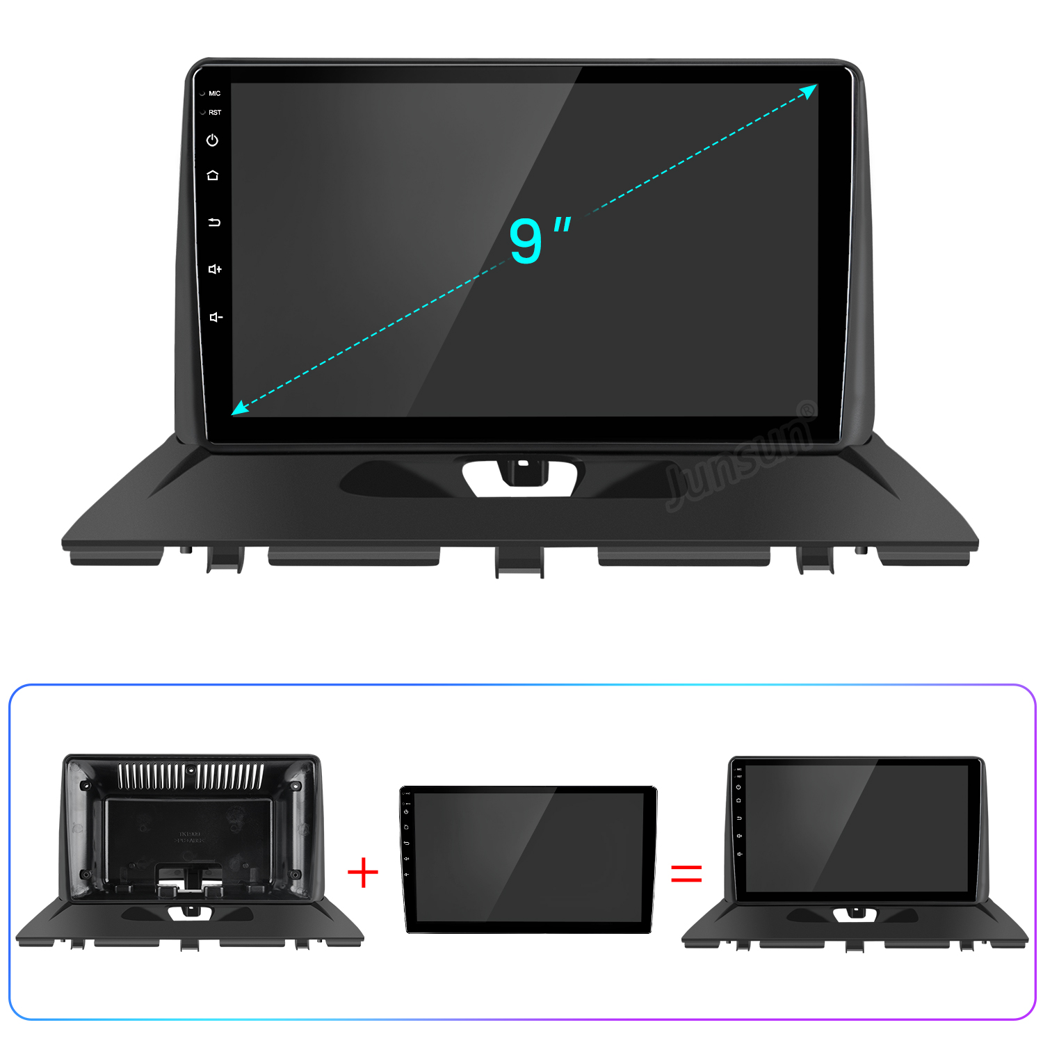 Schermo infotainment da 9 pollici con controlli e cornice.