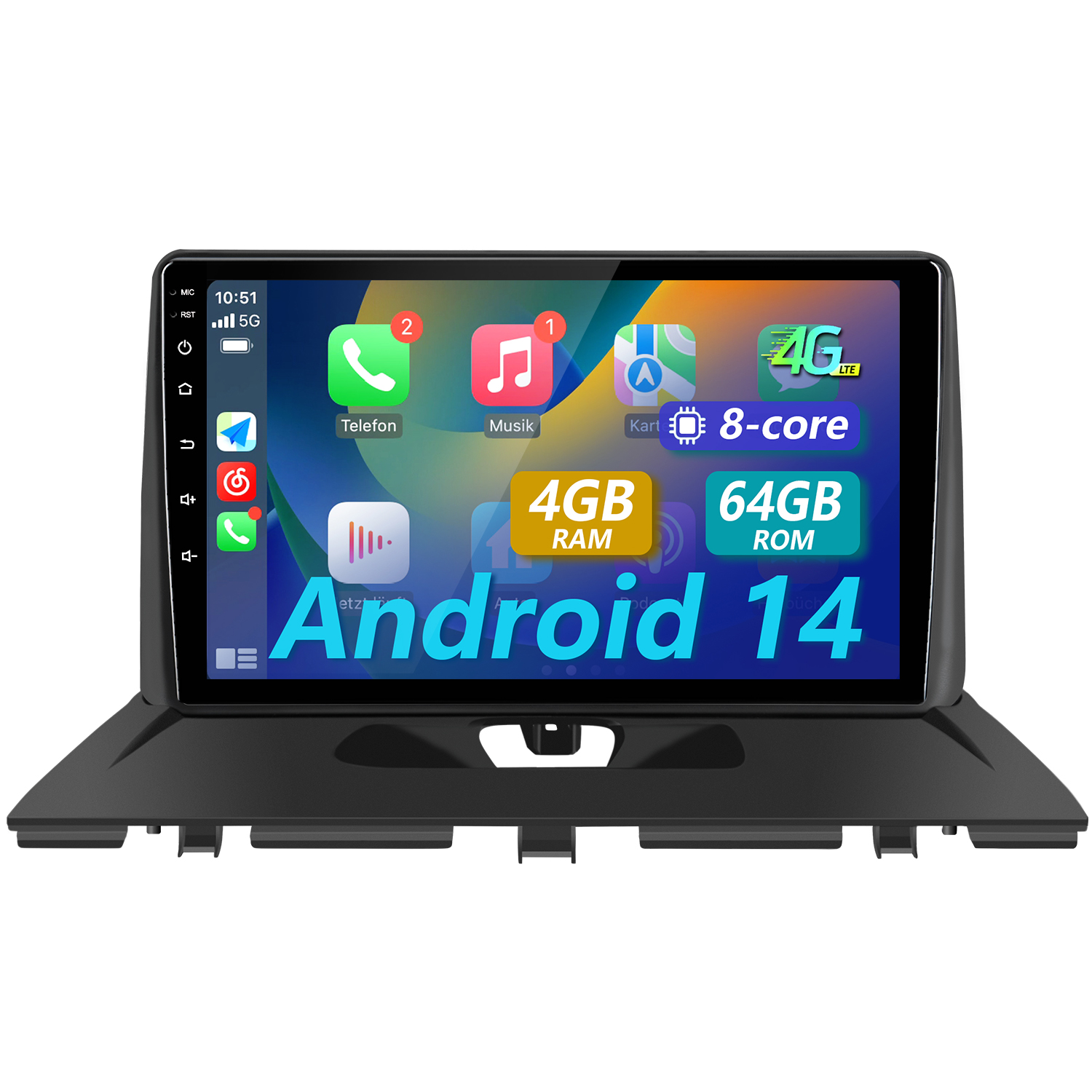 Un display autoradio Android 14 con app, 4GB RAM, 64GB ROM e processore 8-core.