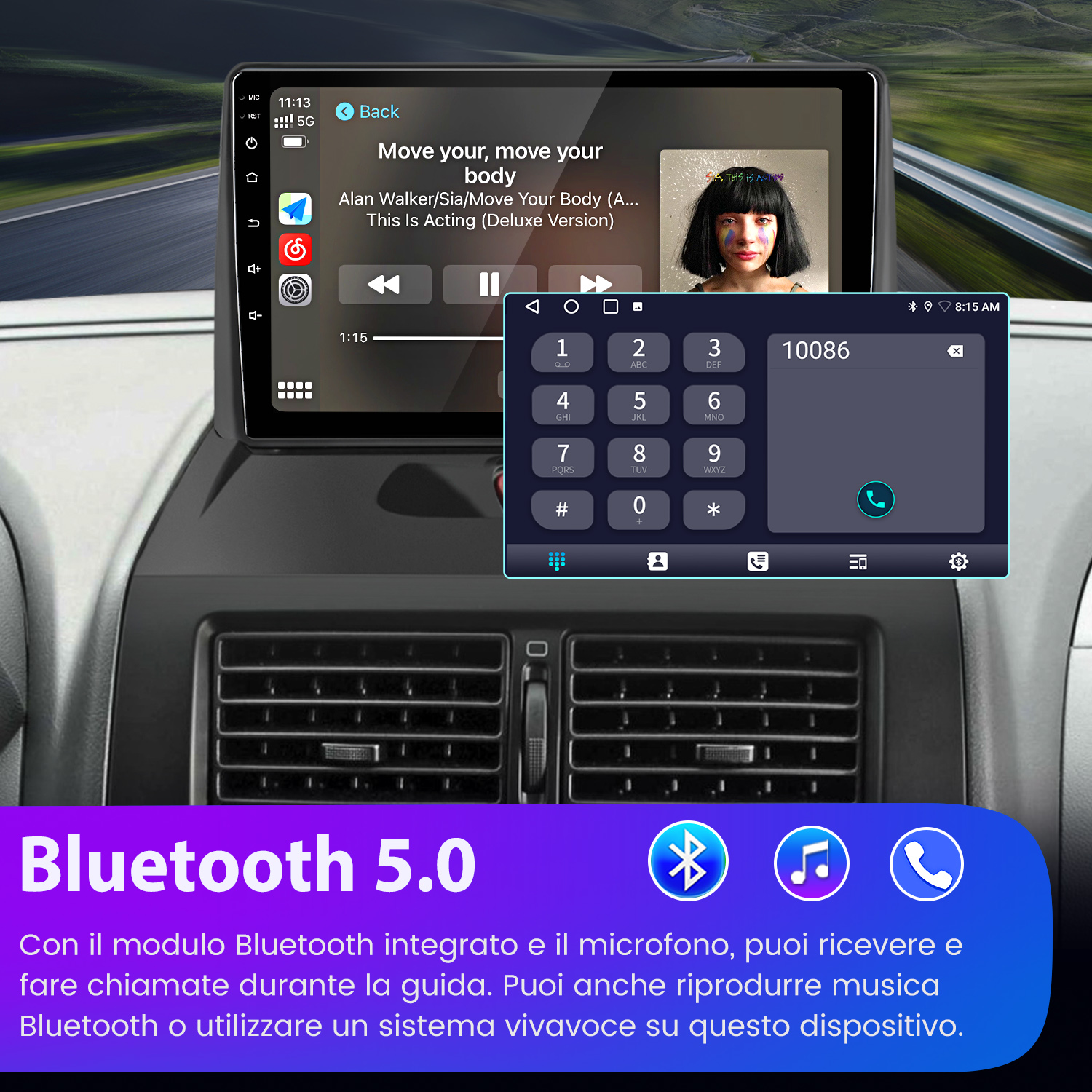 Sistema di infotainment per auto con lettore musicale e tastierino numerico. Bluetooth 5.0 sotto.