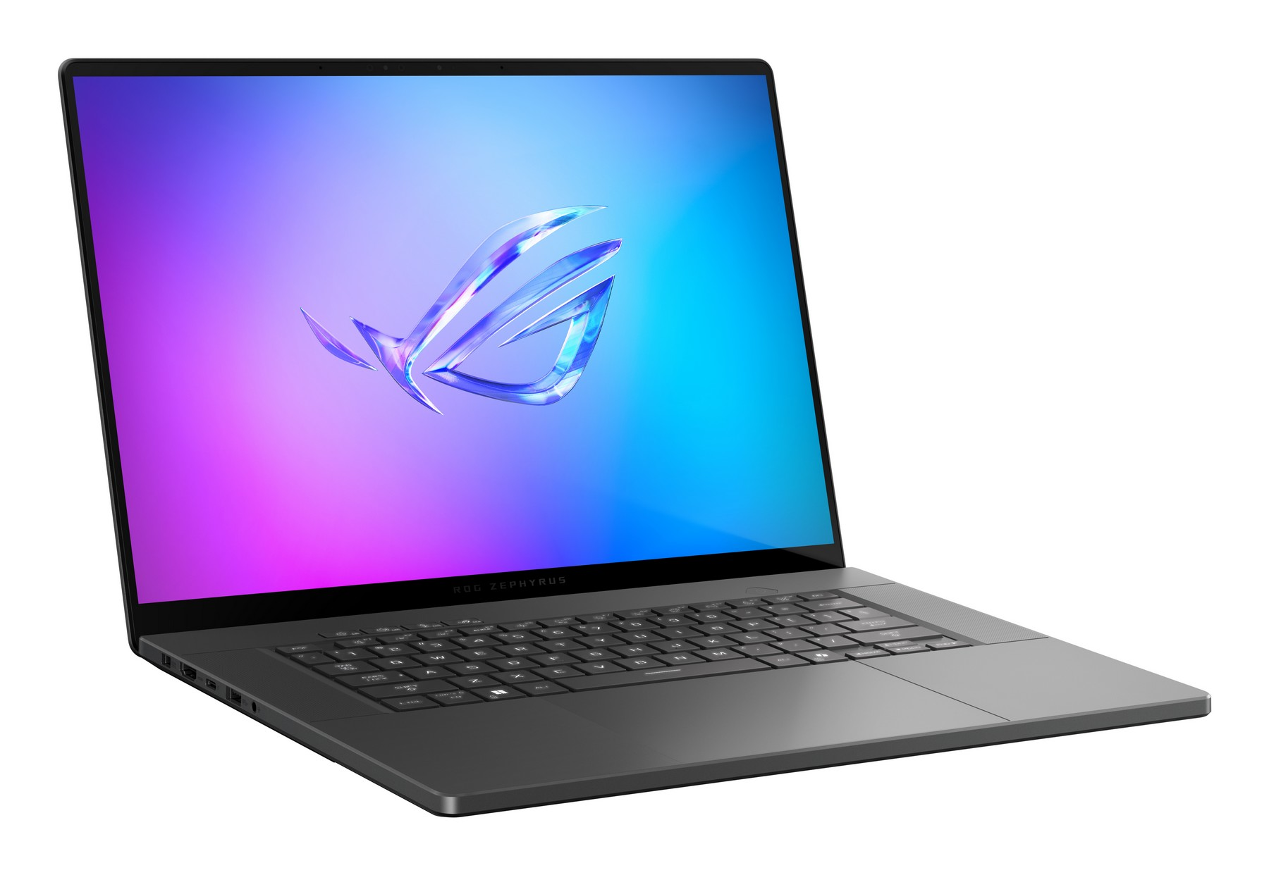 Un laptop grigio con logo ROG Zephyrus sullo schermo.