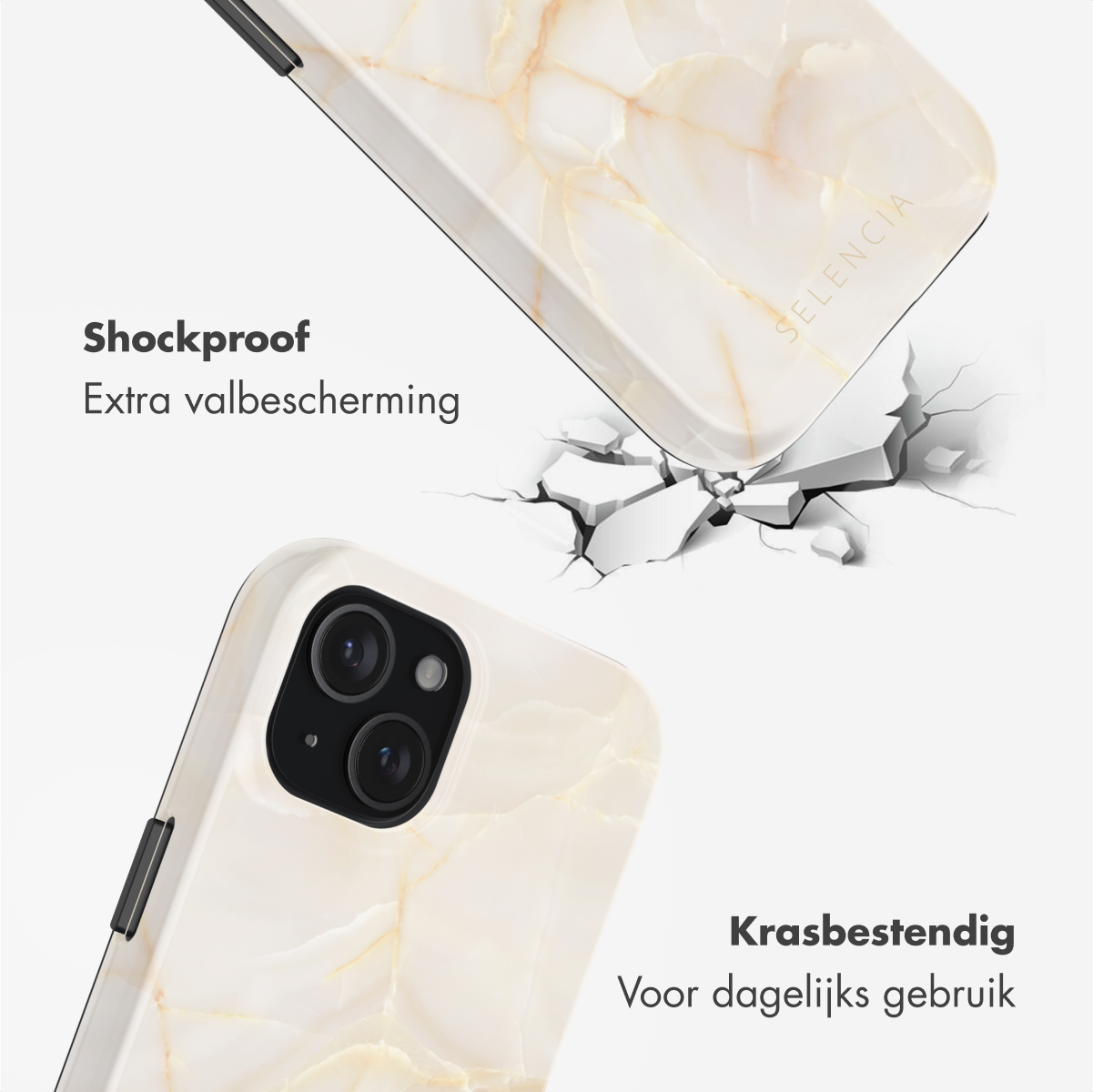 Een marmeren telefoonhoesje valt en breekt op de grond. Schokbestendig en krasbestendig.