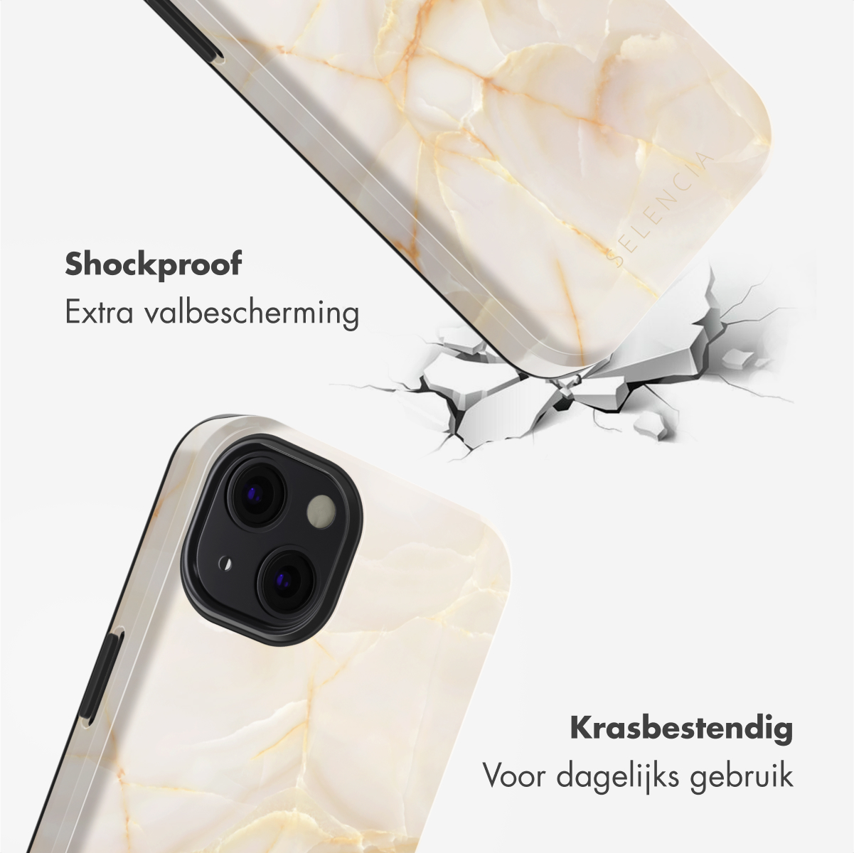 Custodia per telefono in marmo avorio con due fotocamere, che si rompe su crepe.
