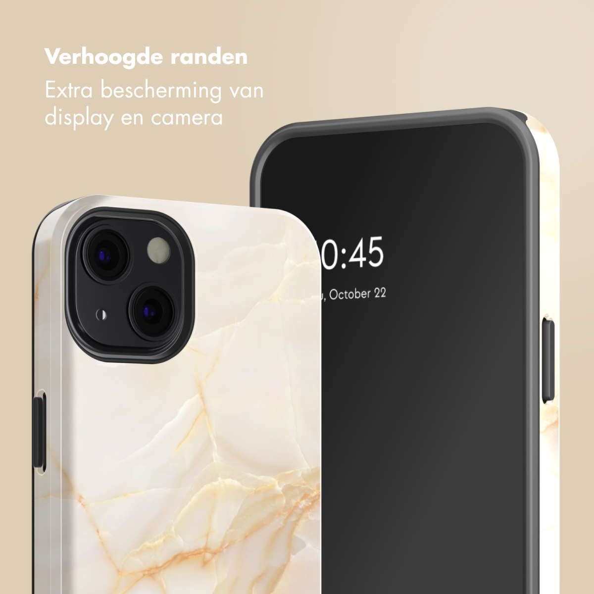 Un telefono con cover effetto marmo e schermo scuro che mostra le 0:45.