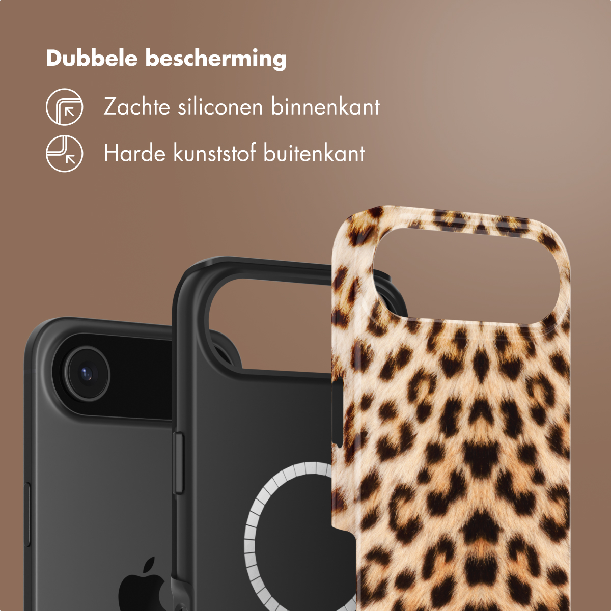 Twee telefoonhoesjes: één zwart, één met luipaardprint. Tekst ernaast.