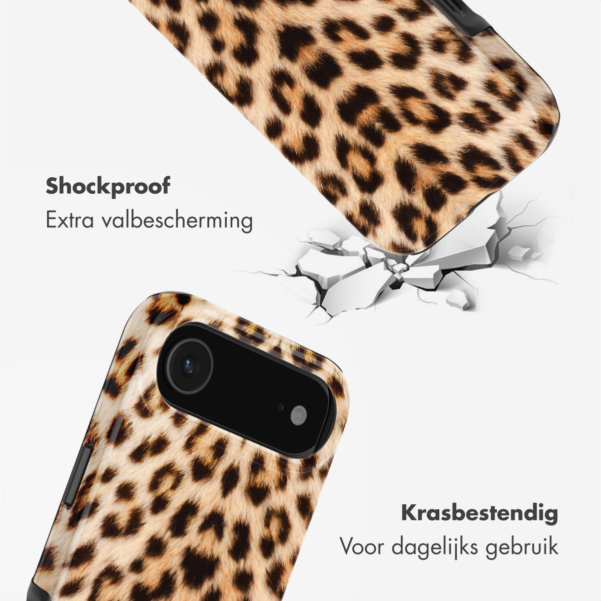 Telefoonhoesje met luipaardprint, schokbestendig ontwerp op gebroken grond.