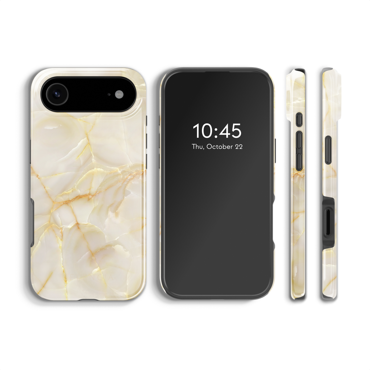 Un smartphone avec une coque à motif marbre, vu de face et de côté.
