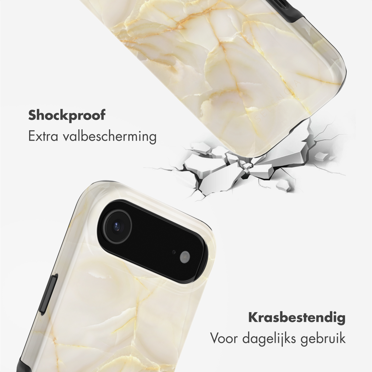 Coque de téléphone à motif marbre tombe sur sol craquelé.
