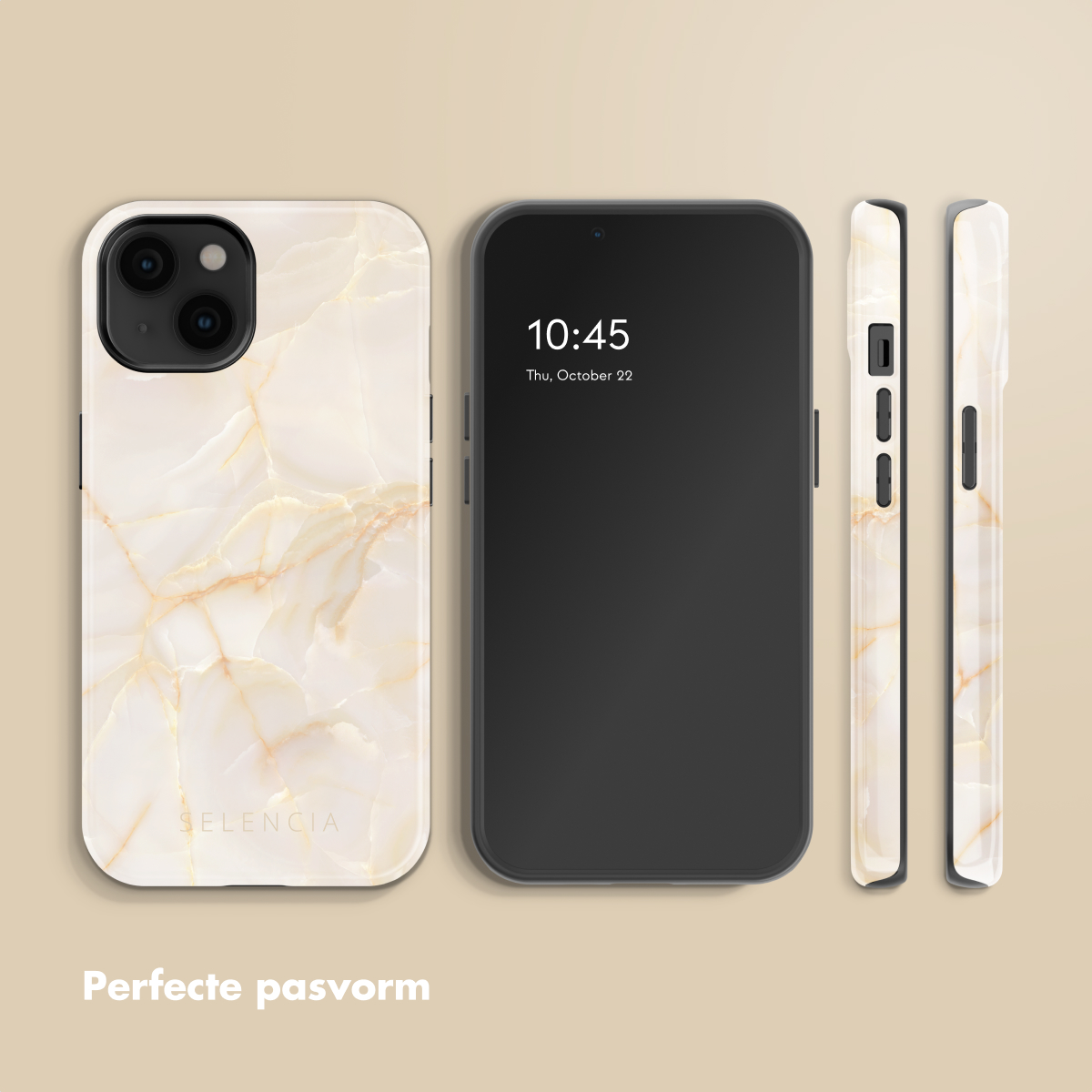 Una cover bianca effetto marmo, uno smartphone nero e altre due cover.