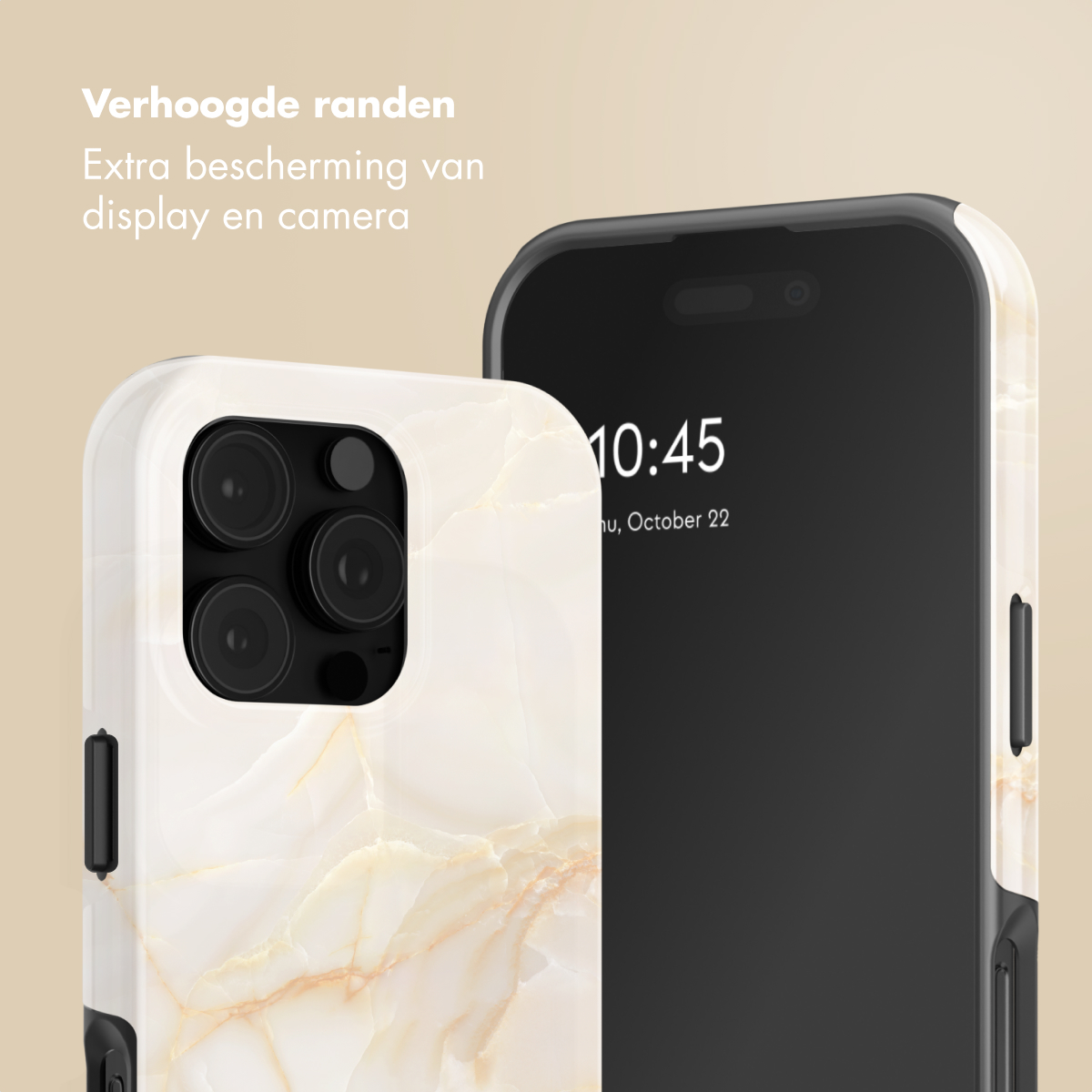 Un telefono con custodia in marmo e un altro con cornice nera.