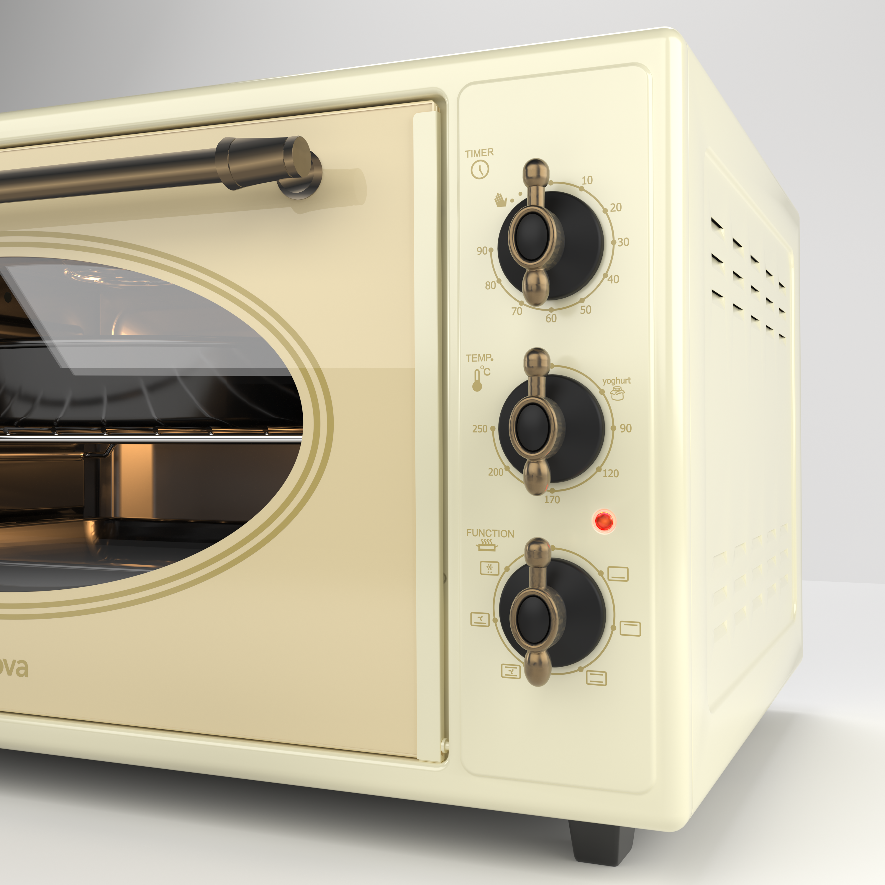 Altın rengi detaylara ve üç kontrol düğmesine sahip krem rengi retro fırın.