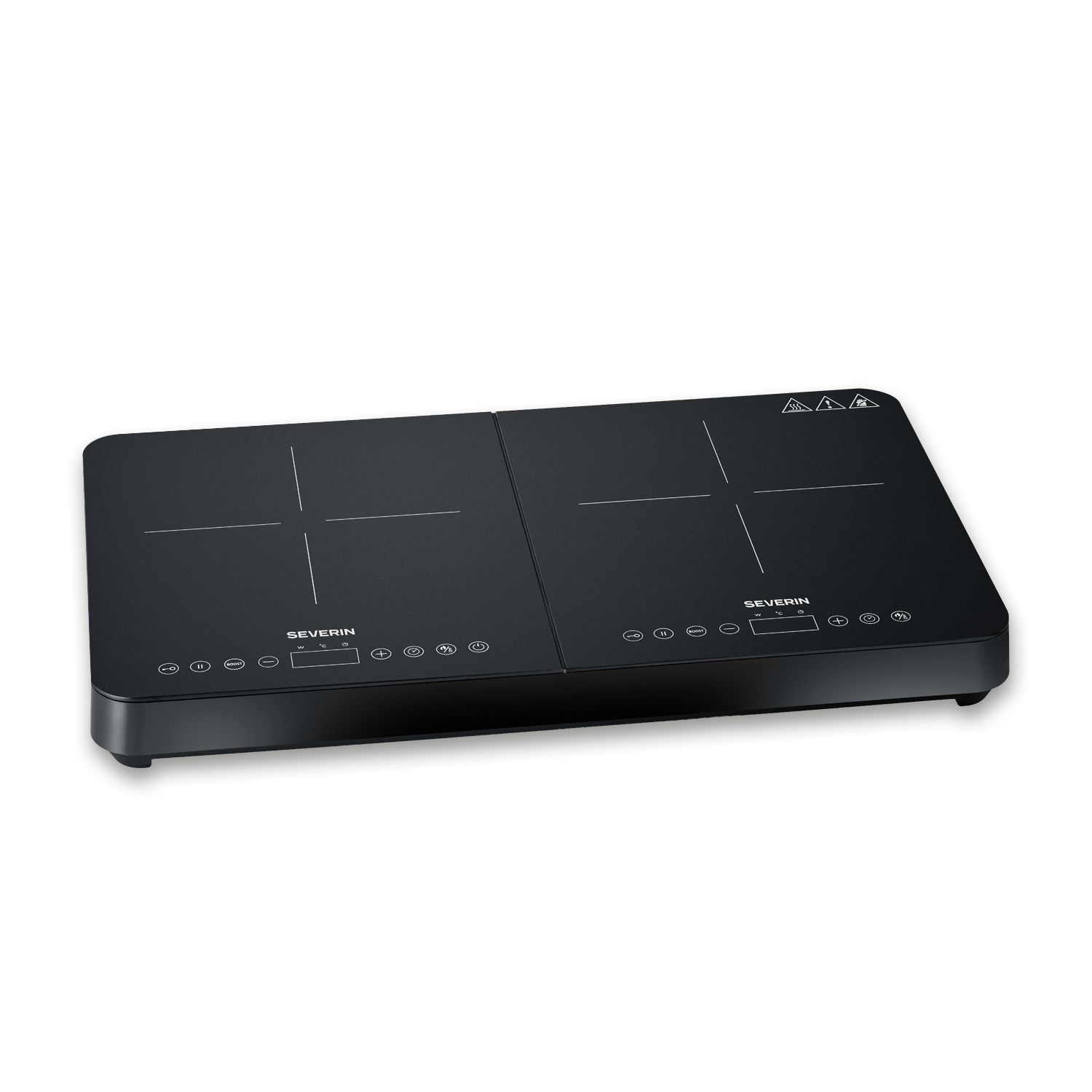 Czarna płyta indukcyjna z dwoma strefami gotowania i panelem sterowania.