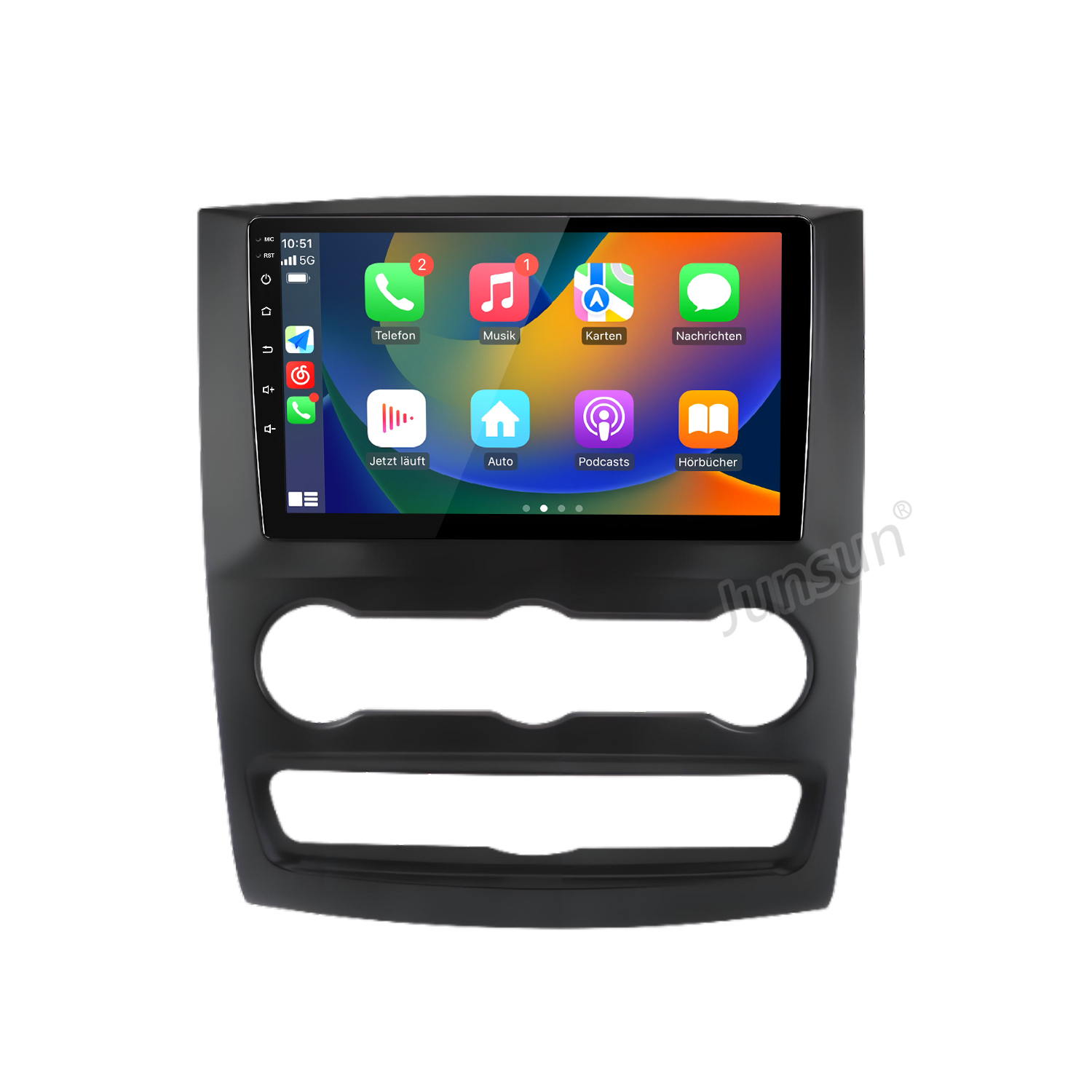 Ein Autoradio-Display mit App-Icons wie Telefon, Musik und Karten.