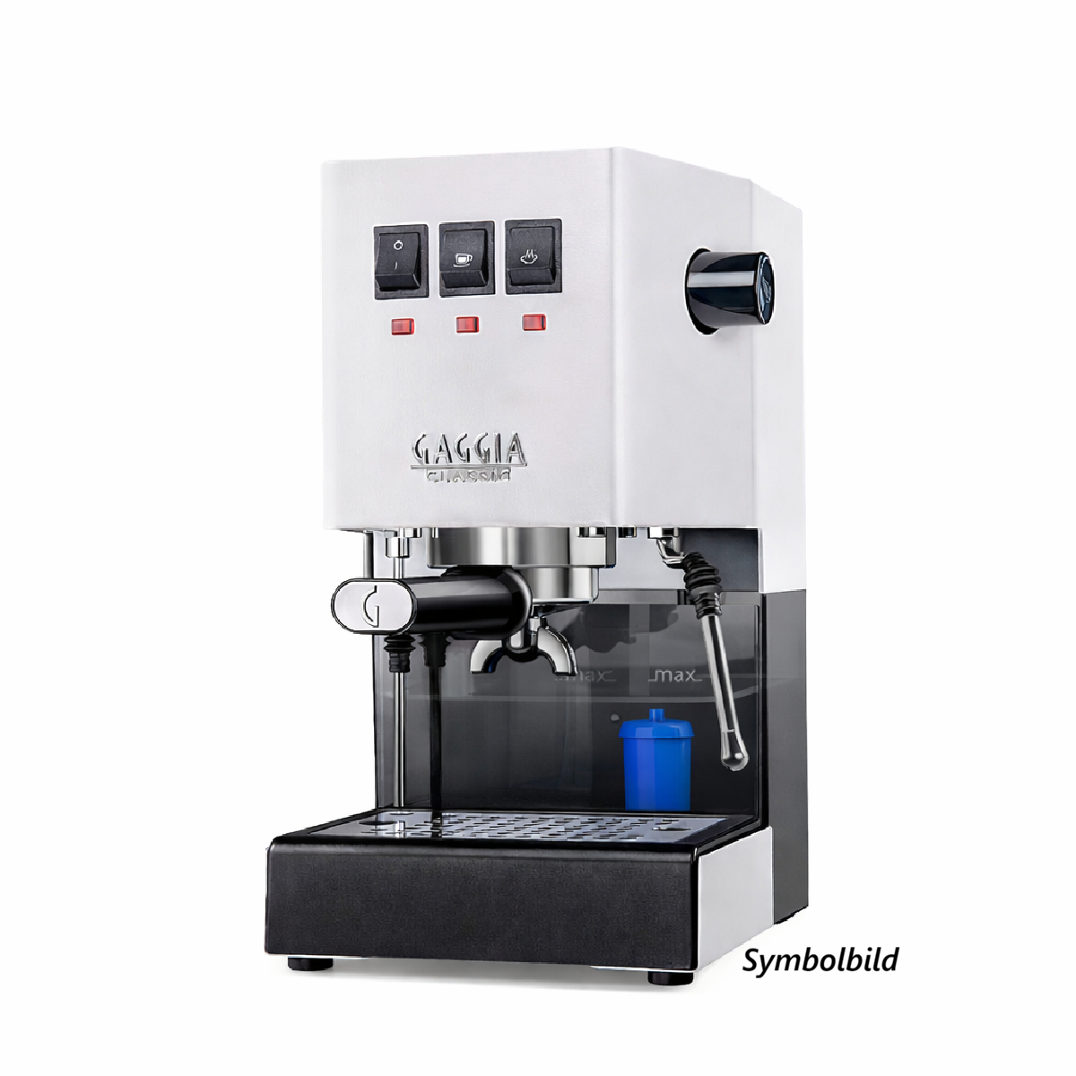 Weiße Gaggia Kaffeemaschine mit schwarzen Schaltern und einem blauen Behälter.