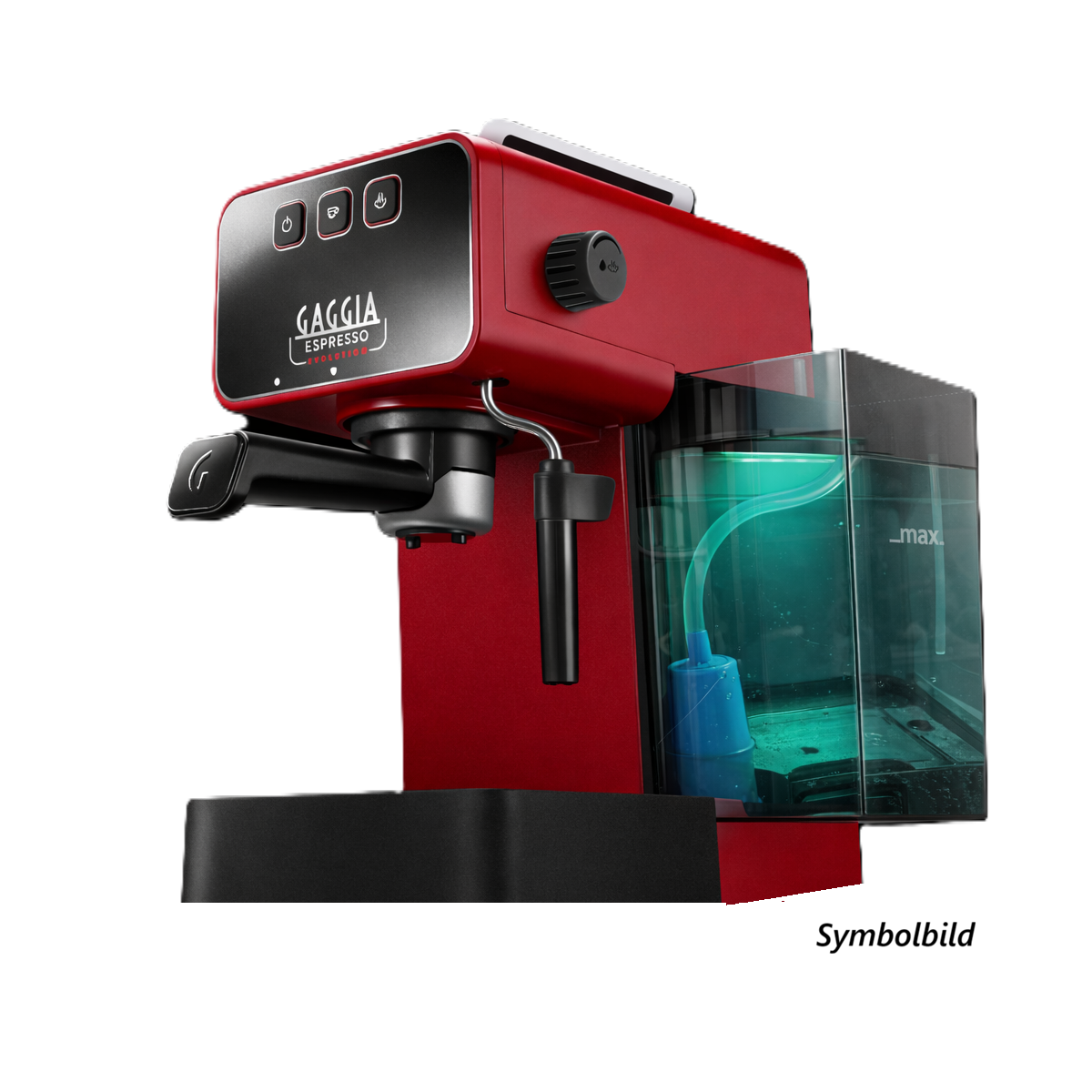 Rote Gaggia Espressomaschine mit transparentem Wassertank und blauem Filter.