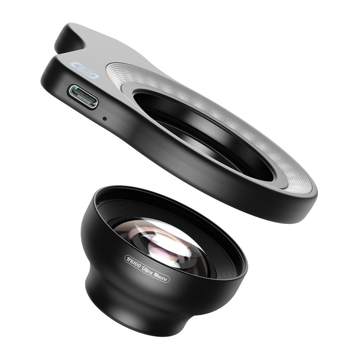 Ein schwarzes Makroobjektiv und ein Ringlicht mit USB-C-Anschluss.