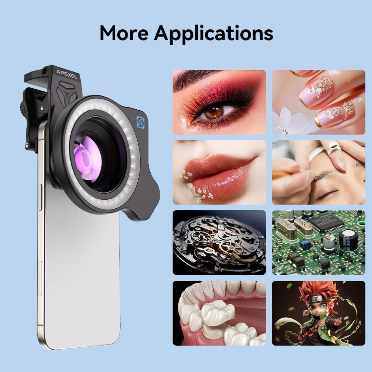 Makroobjektiv für Smartphone mit LED-Ringlicht neben Collagen aus Make-up, Nägeln, Lippen, Augenbrauen, Uhrwerk, Platine und Anime-Figur.