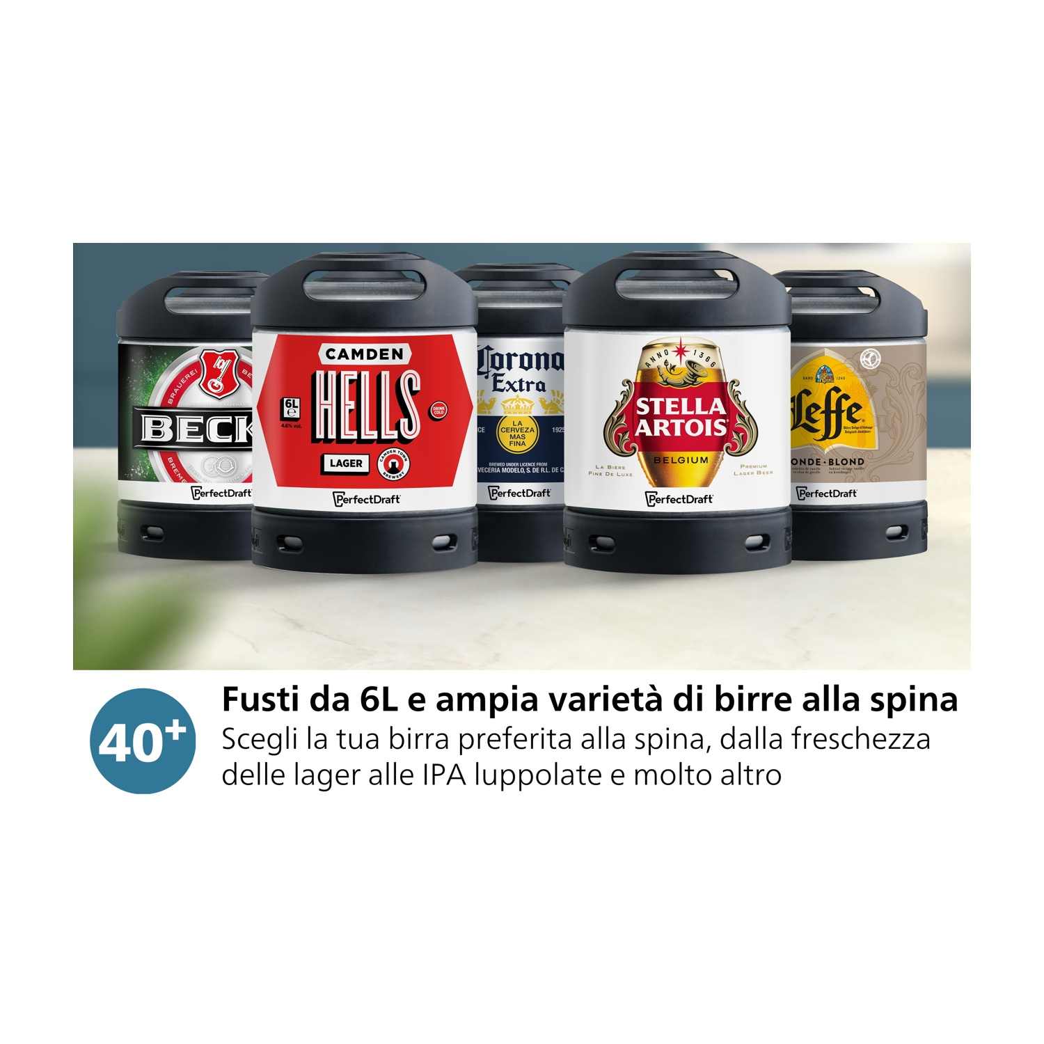 Fünf Bierfässer mit verschiedenen Marken wie Beck's, Camden Hells, Corona Extra, Stella Artois und Leffe.
