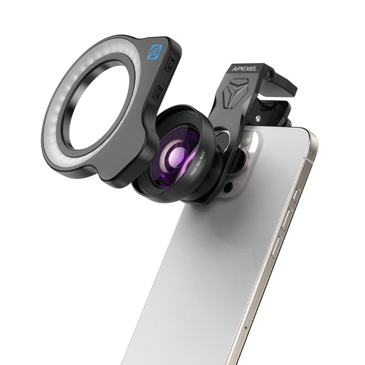 Makro-Objektiv mit Ringlicht-Aufsatz auf einem Smartphone, Nahaufnahme.