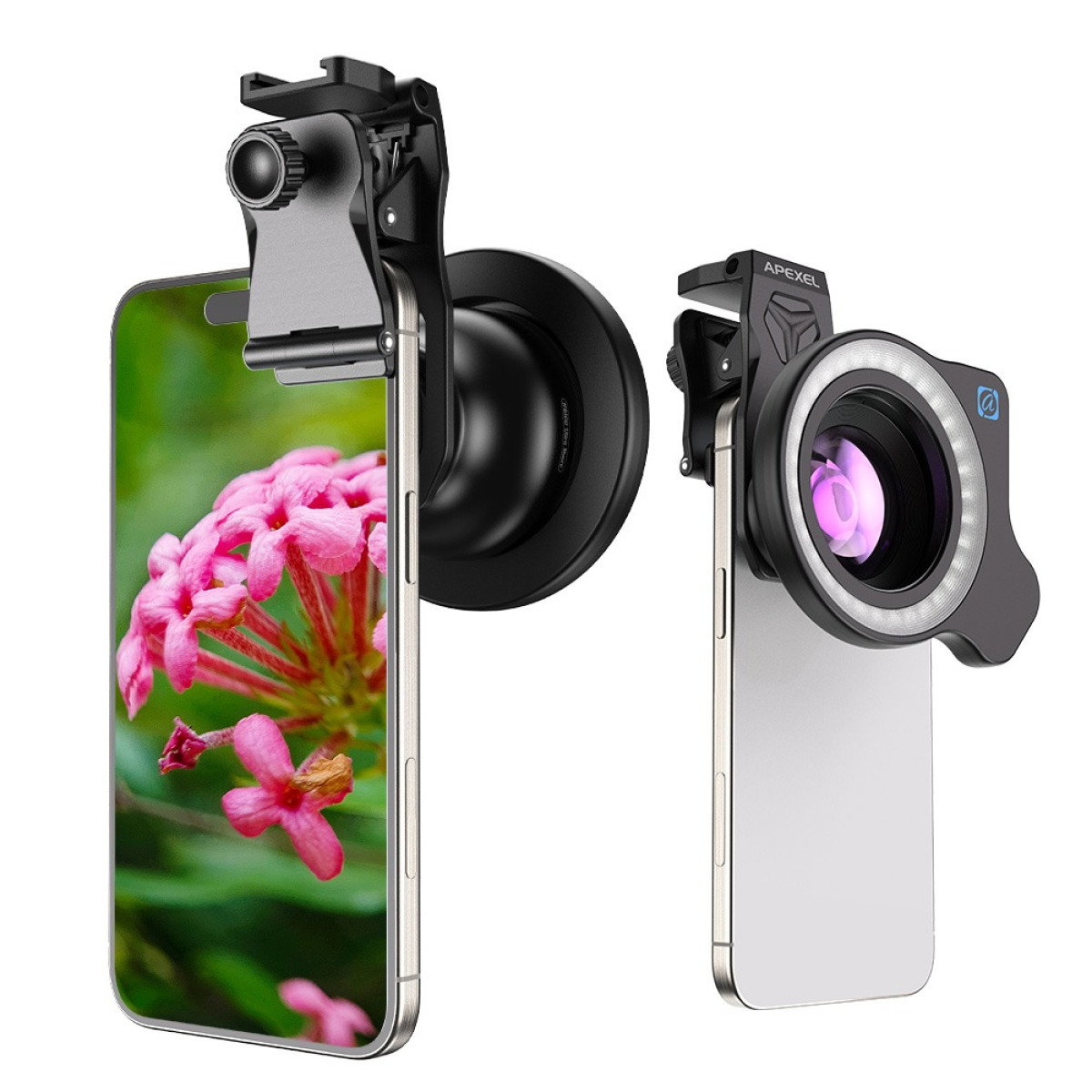 Smartphone mit zwei verschiedenen Objektivaufsätzen: Makro und Ringlicht.