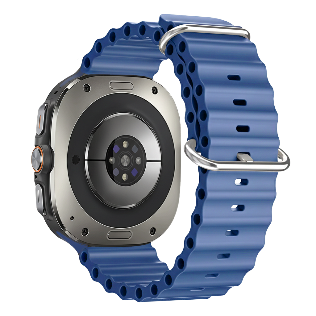 Rückseite einer silbernen Smartwatch mit blauem Armband und Herzfrequenzsensor.