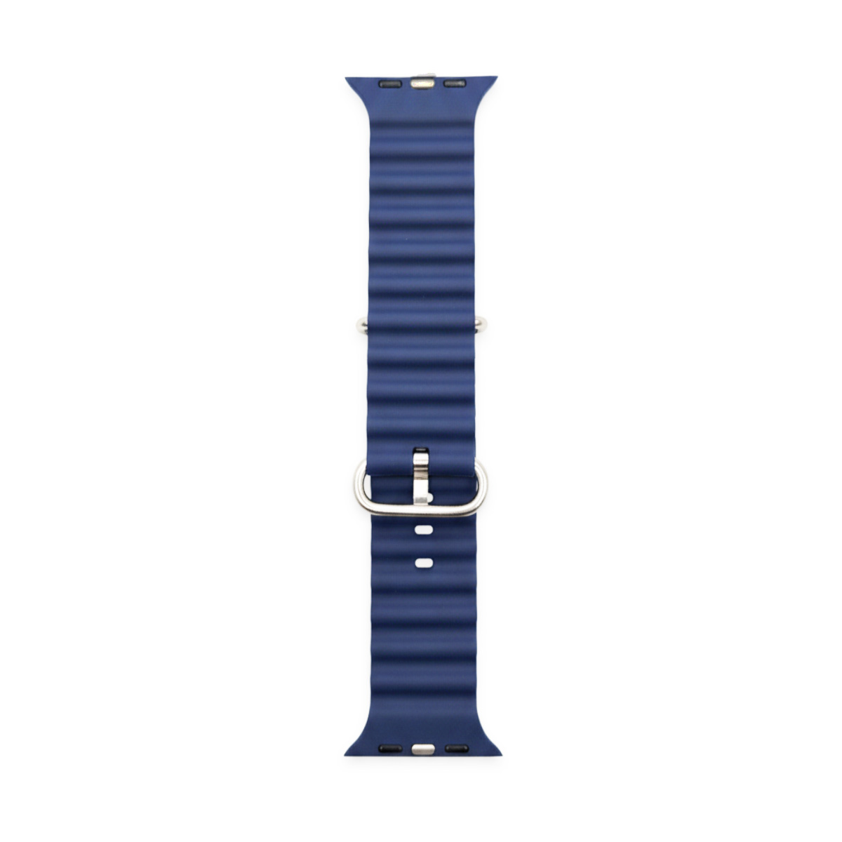 Ein dunkelblauer, gerippter Uhrenarmband mit Metallschnalle auf weißem Hintergrund.