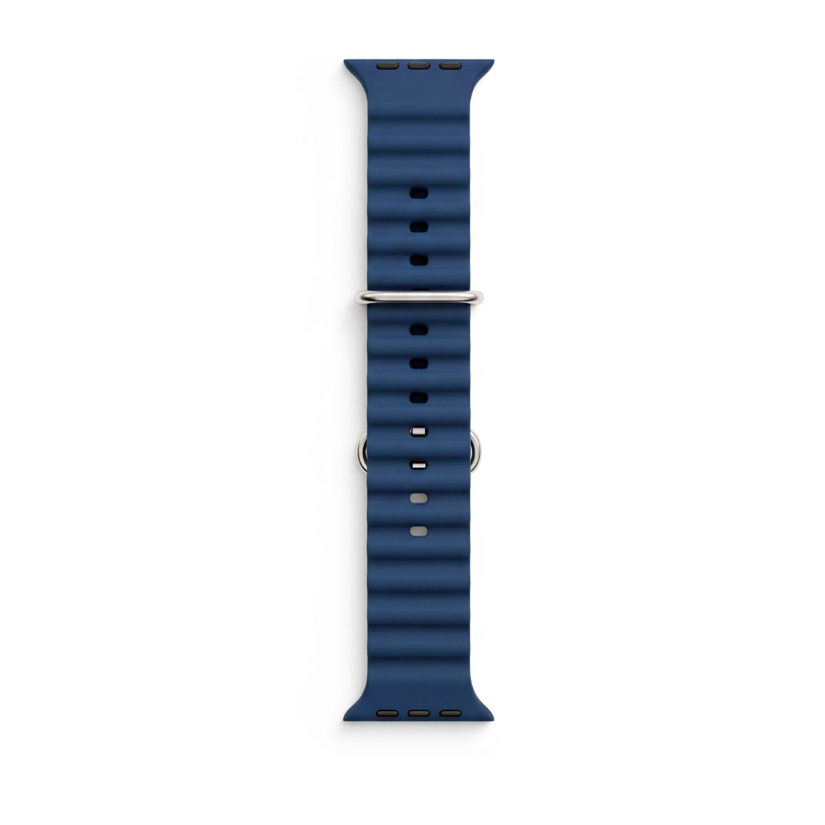 Ein dunkelblaues Uhrenarmband mit silberner Schnalle auf weißem Hintergrund.