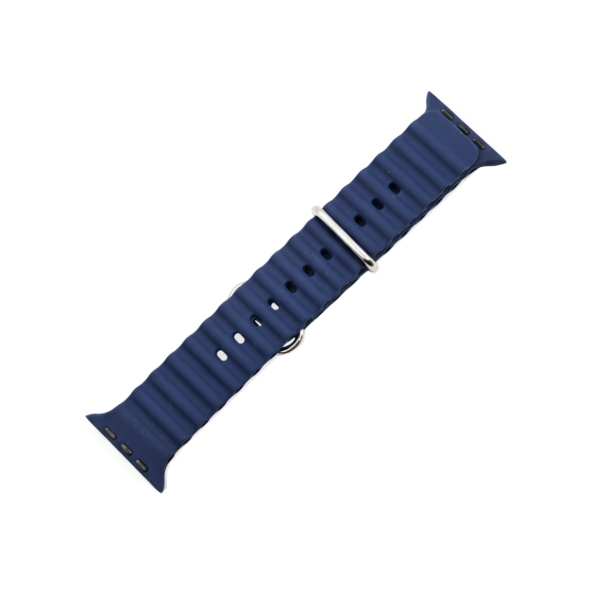 Ein dunkelblauer Uhrenarmband mit Wellenmuster und Metallschnalle auf weißem Hintergrund.
